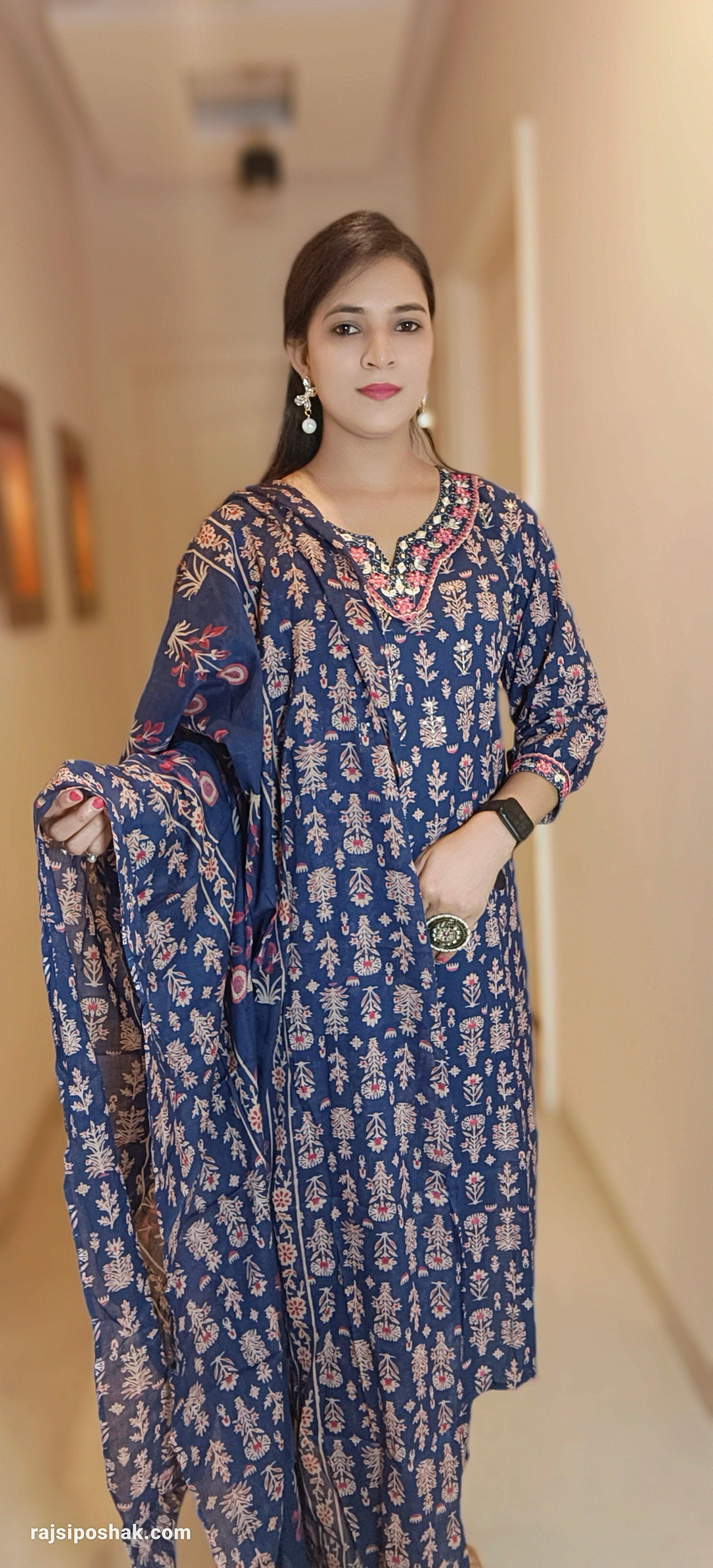 BLUE FLORAL PRINTED 3 PC COTTON SUIT - RajsiPoshak