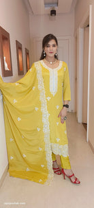 YELLOW CHINON EMBROIDERED 3 PC SUIT - RajsiPoshak