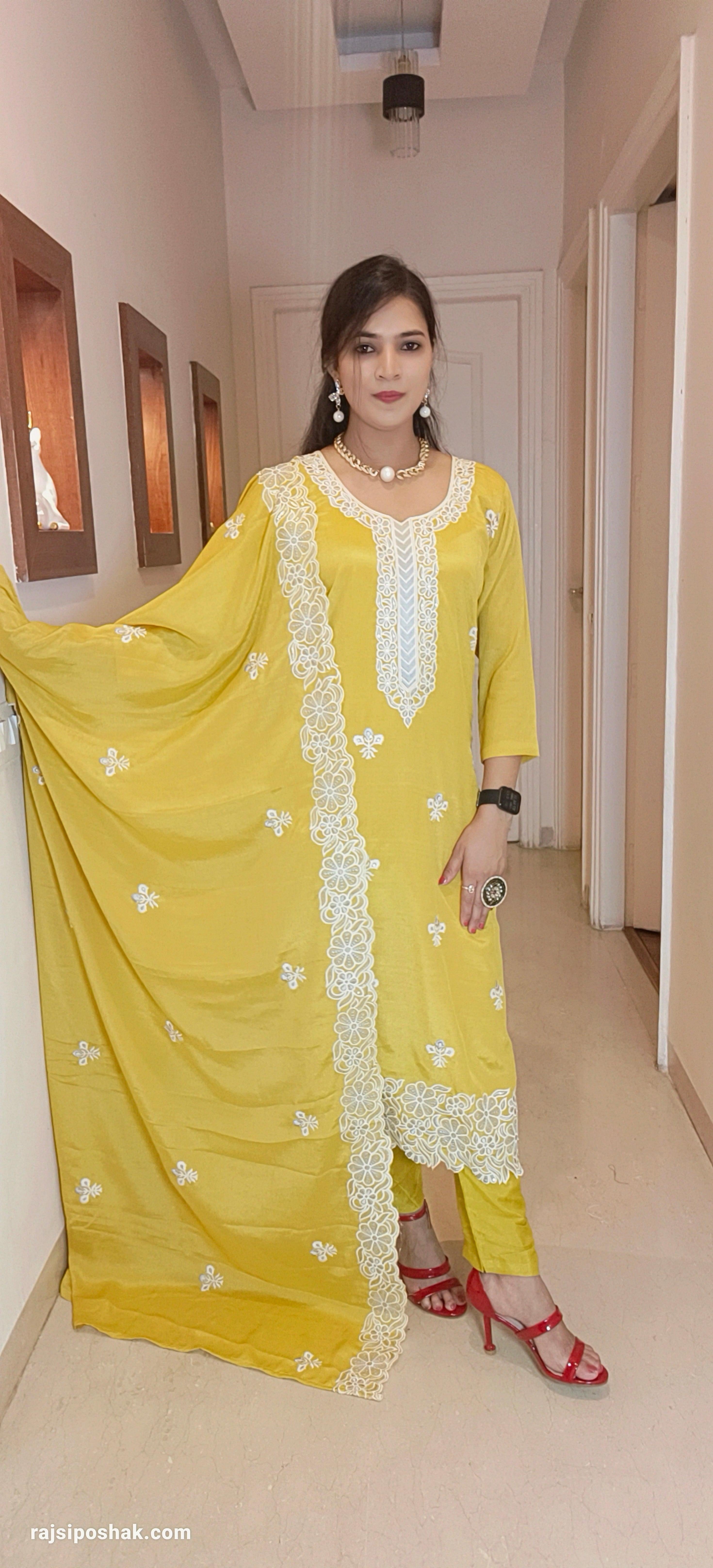 YELLOW CHINON EMBROIDERED 3 PC SUIT - RajsiPoshak