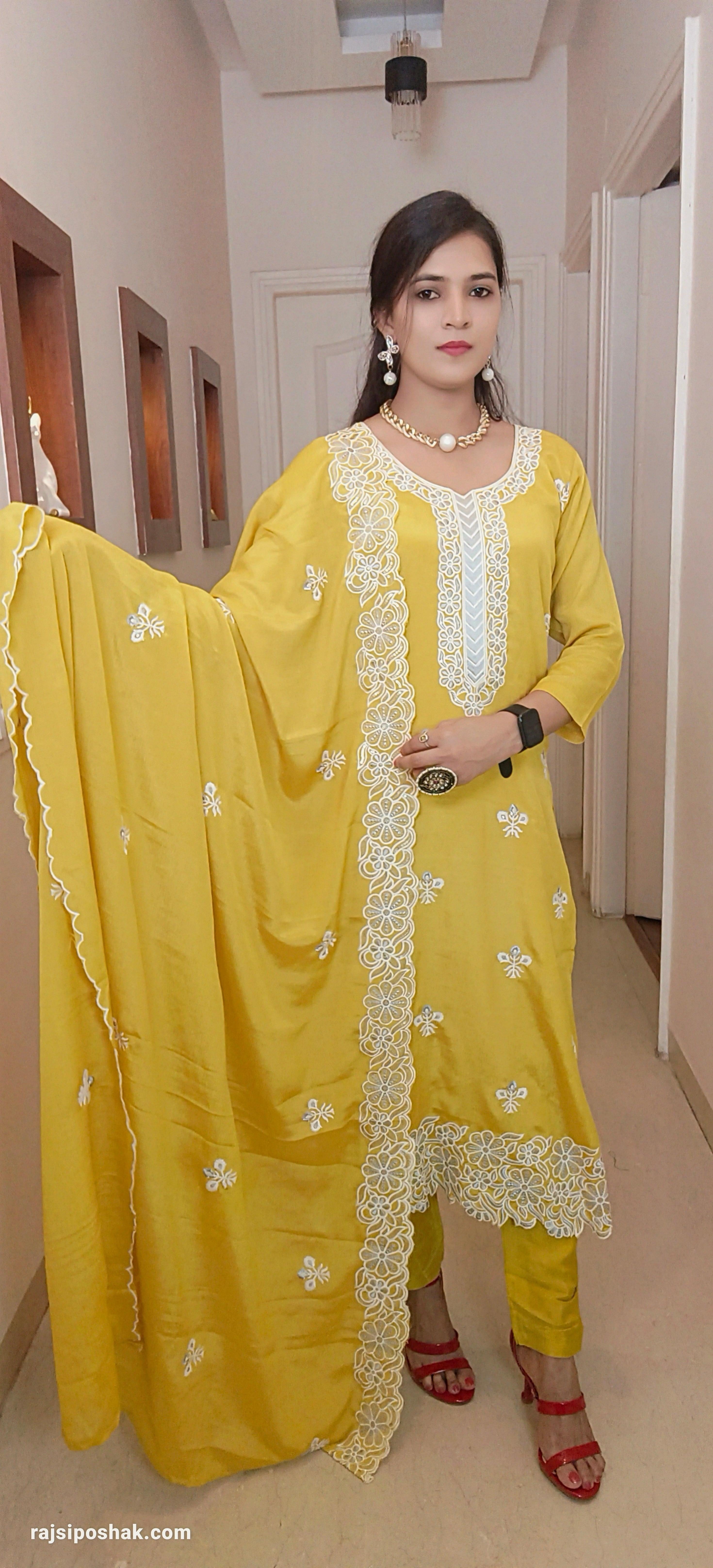 YELLOW CHINON EMBROIDERED 3 PC SUIT - RajsiPoshak