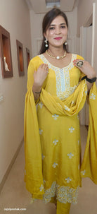 YELLOW CHINON EMBROIDERED 3 PC SUIT - RajsiPoshak
