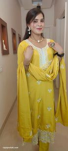 YELLOW CHINON EMBROIDERED 3 PC SUIT - RajsiPoshak