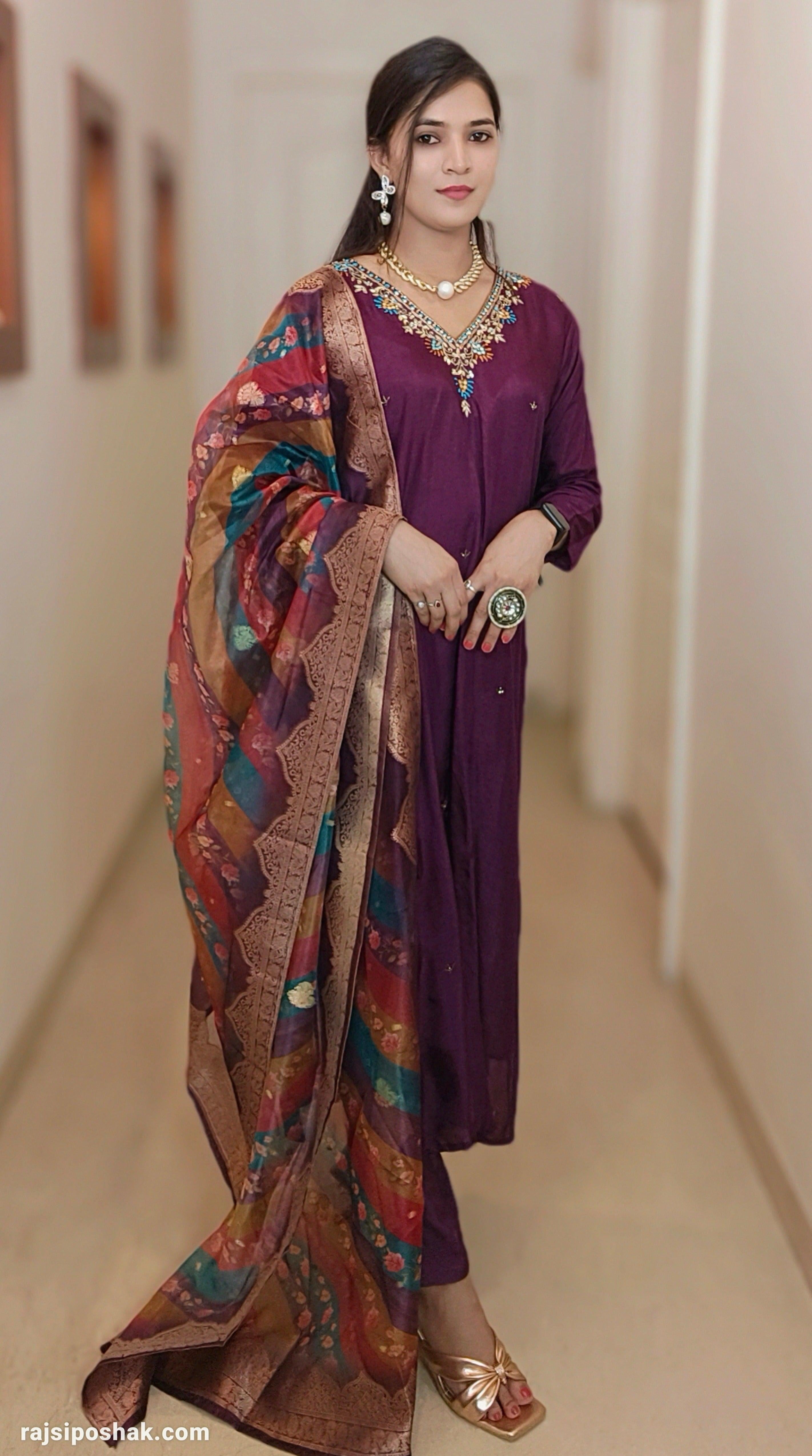 WINE SILK SUIT with BANARASI ORGANZA Dupatta - RajsiPoshak
