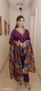 WINE SILK SUIT with BANARASI ORGANZA Dupatta - RajsiPoshak