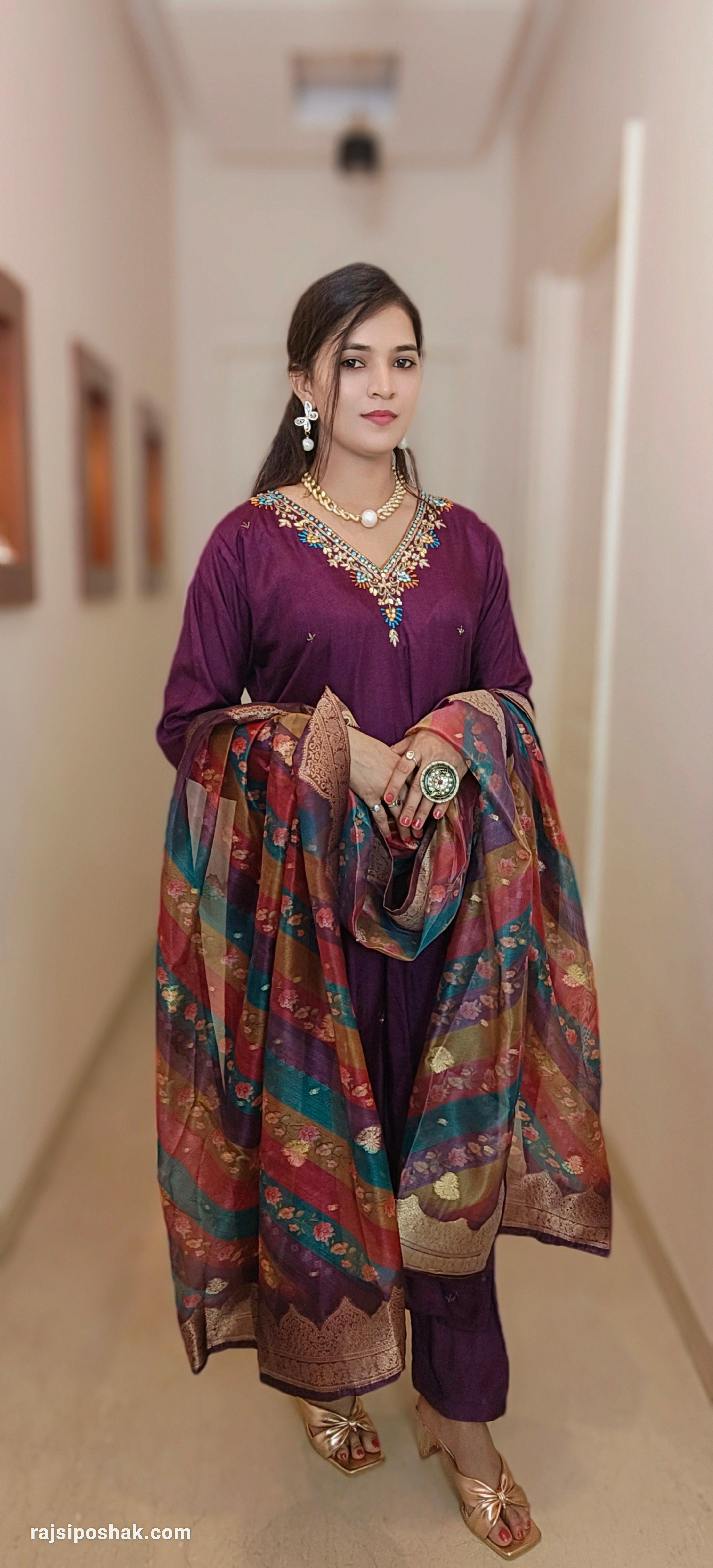 WINE SILK SUIT with BANARASI ORGANZA Dupatta - RajsiPoshak