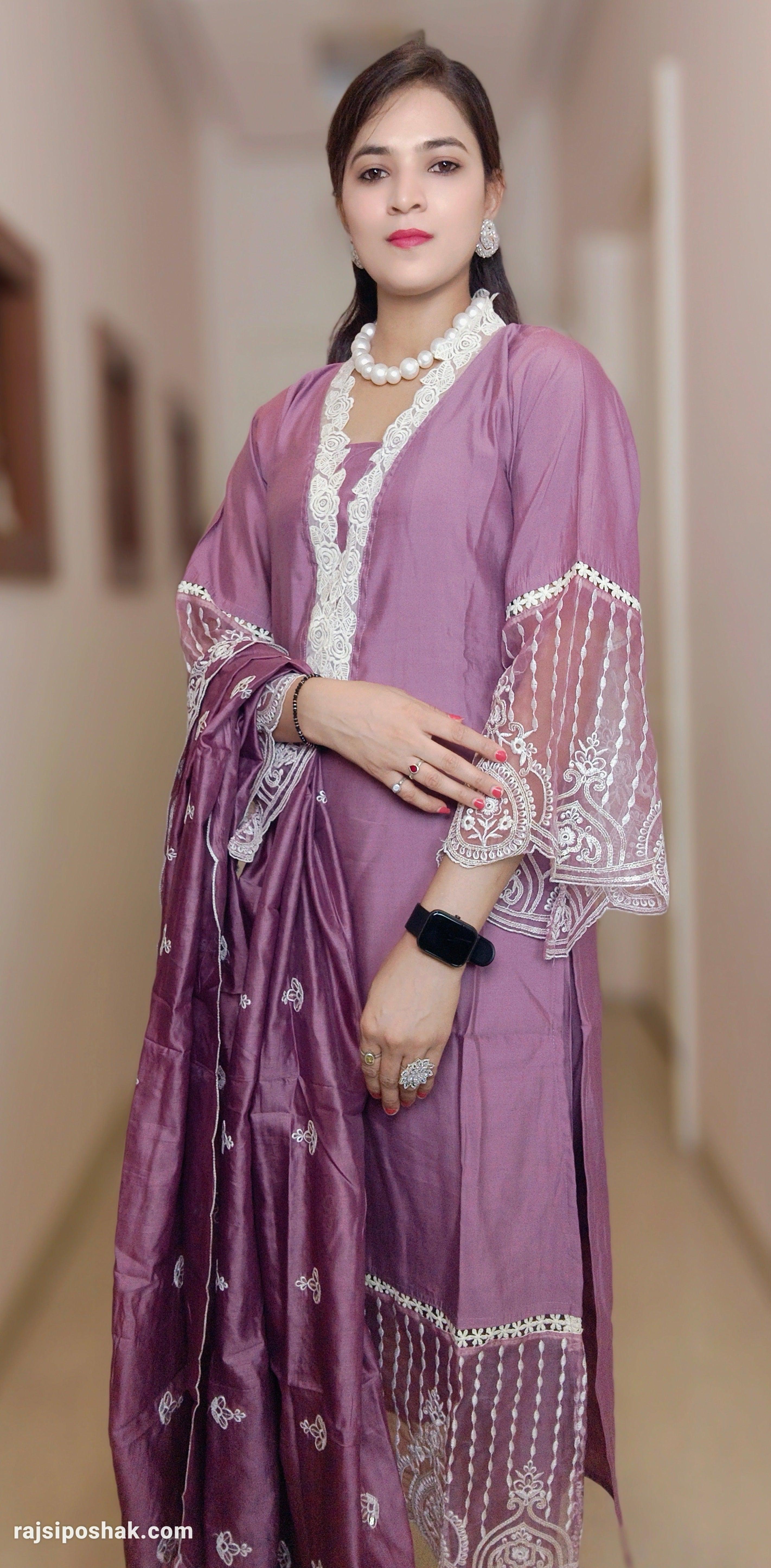 PURPLE EMBROIDERED RUSSIAN SILK SUIT - RajsiPoshak