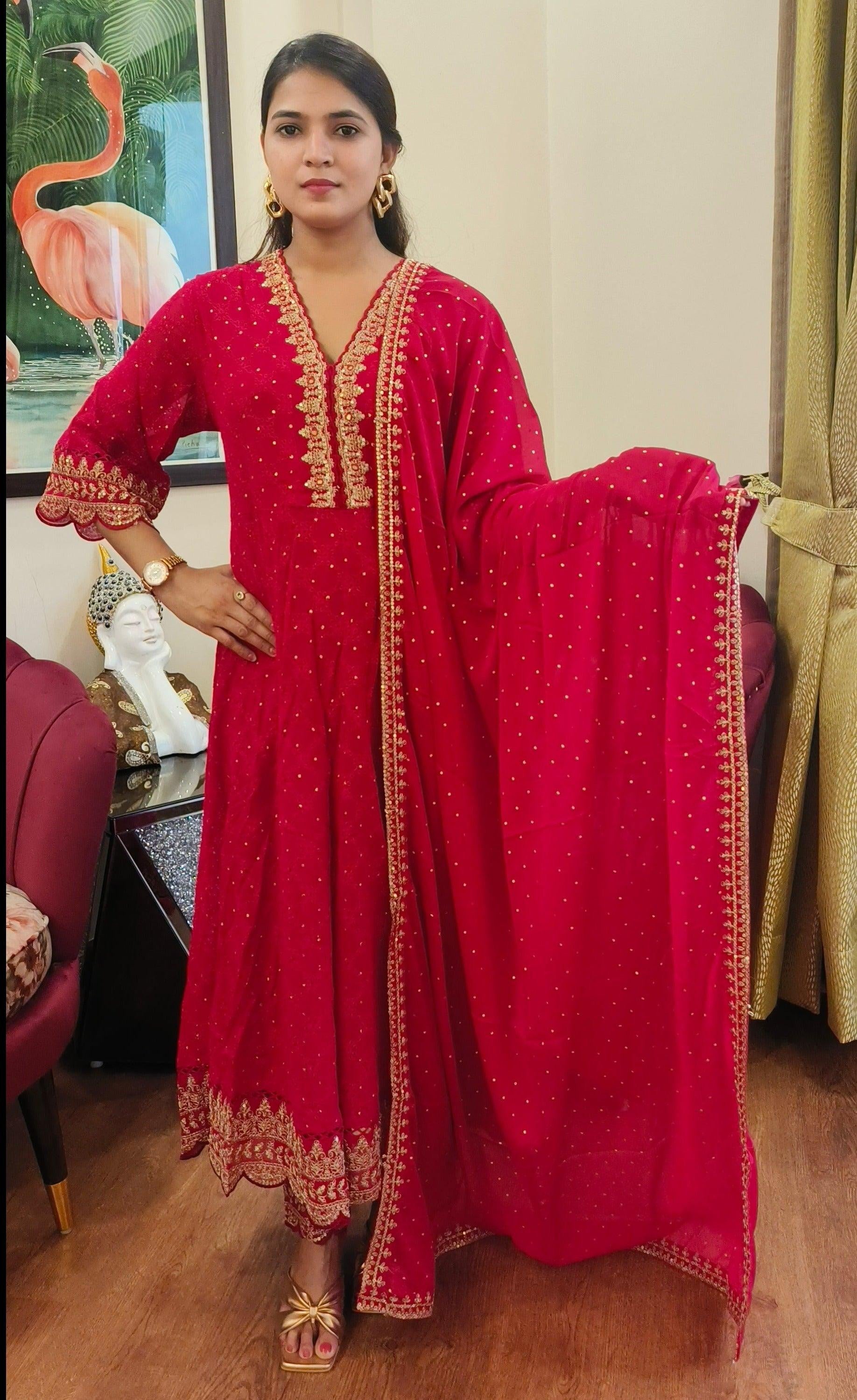FIROZI/HOT PINK GEORGETTE ANARKALI WITH CHINON DUPATTA 7606 - RajsiPoshak