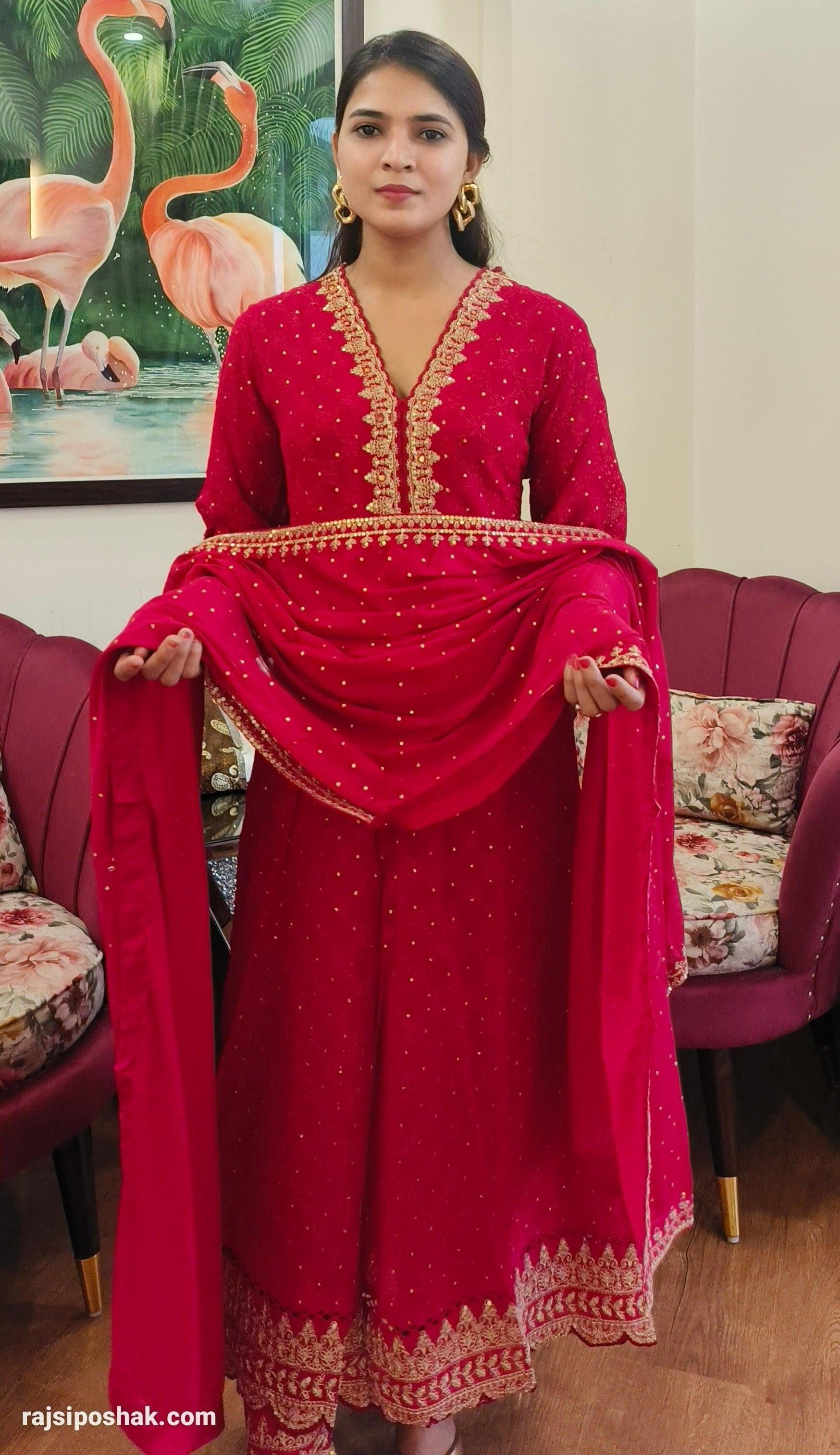 FIROZI/HOT PINK GEORGETTE ANARKALI WITH CHINON DUPATTA 7606 - RajsiPoshak