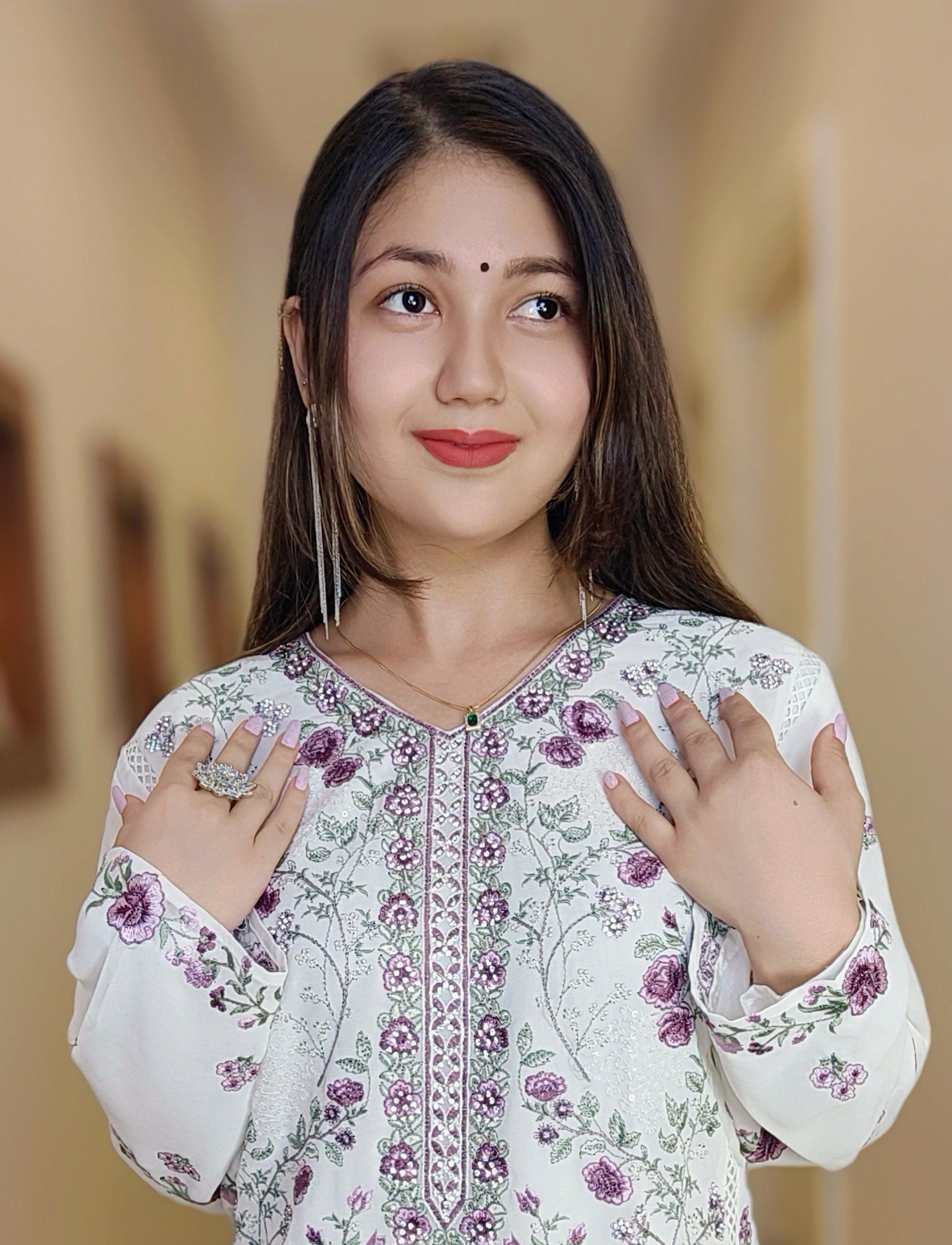 WHITE GEORGETTE 3 PC SUIT - RajsiPoshak
