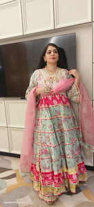 Sea Green  Cotton Flared Anarkali with Heavy Sharara & Dupatta - RajsiPoshak