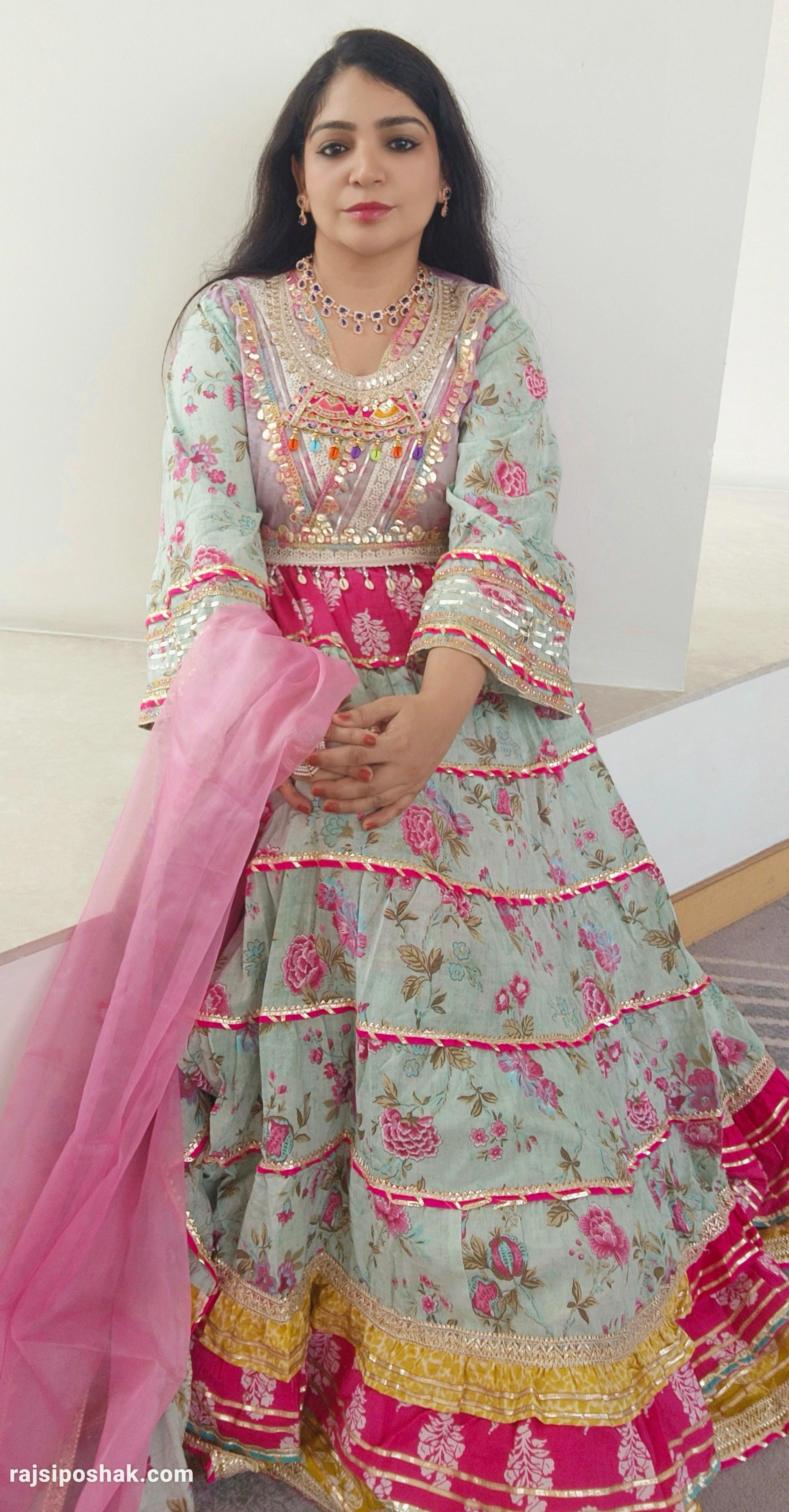 Sea Green  Cotton Flared Anarkali with Heavy Sharara & Dupatta - RajsiPoshak
