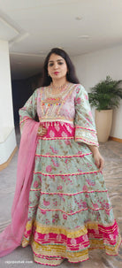 Sea Green  Cotton Flared Anarkali with Heavy Sharara & Dupatta - RajsiPoshak