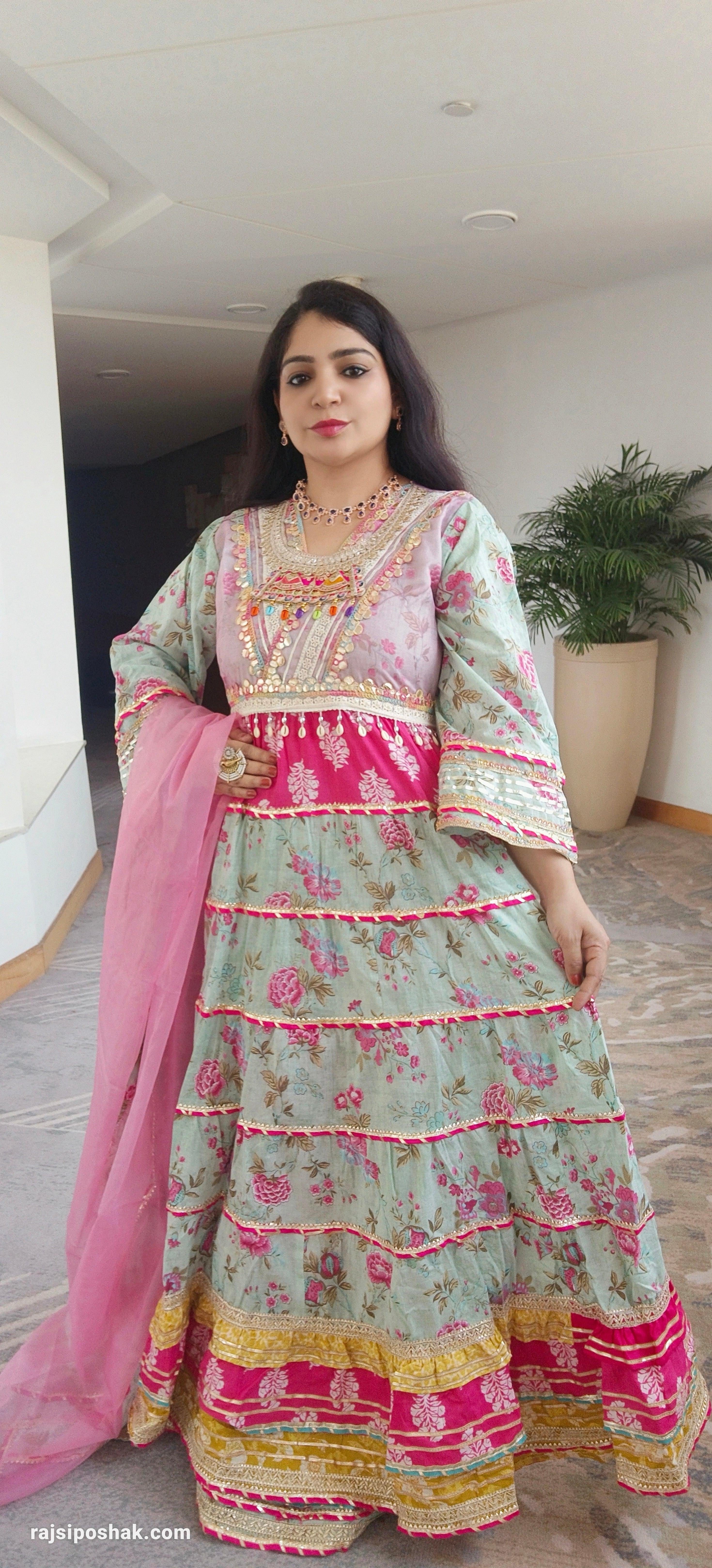Sea Green  Cotton Flared Anarkali with Heavy Sharara & Dupatta - RajsiPoshak