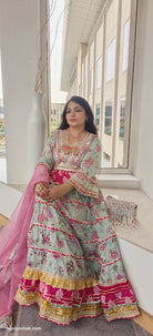 Sea Green  Cotton Flared Anarkali with Heavy Sharara & Dupatta - RajsiPoshak