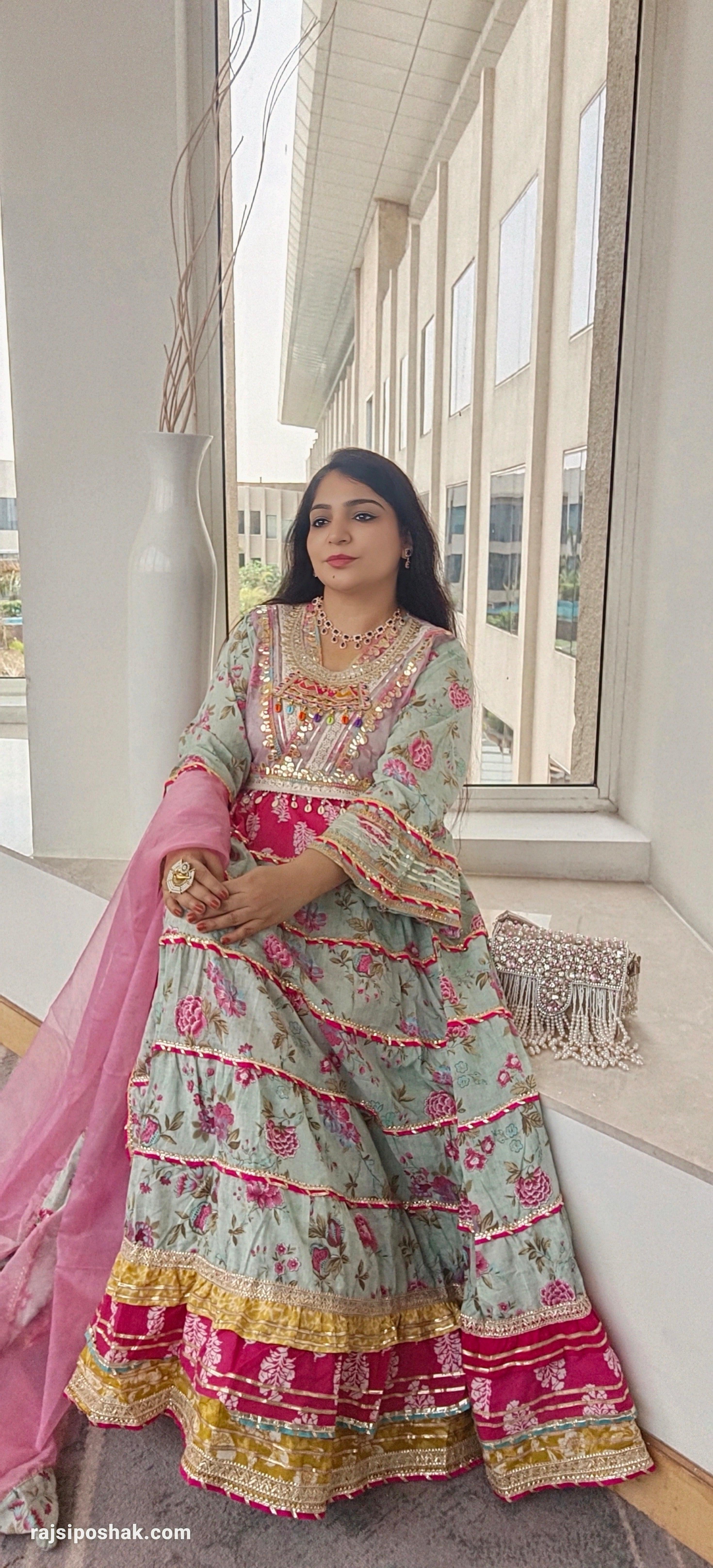 Sea Green  Cotton Flared Anarkali with Heavy Sharara & Dupatta - RajsiPoshak