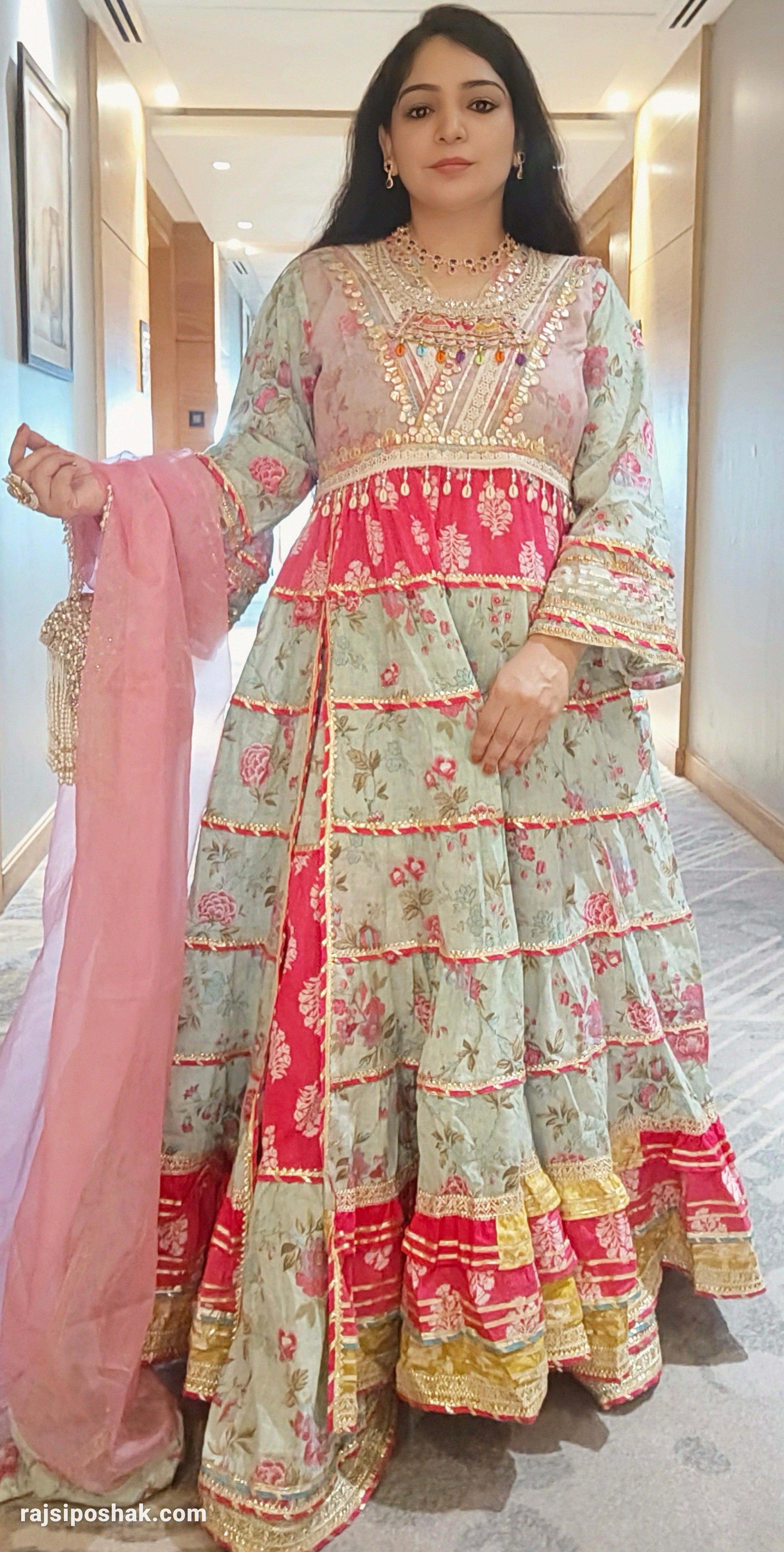 Sea Green  Cotton Flared Anarkali with Heavy Sharara & Dupatta - RajsiPoshak