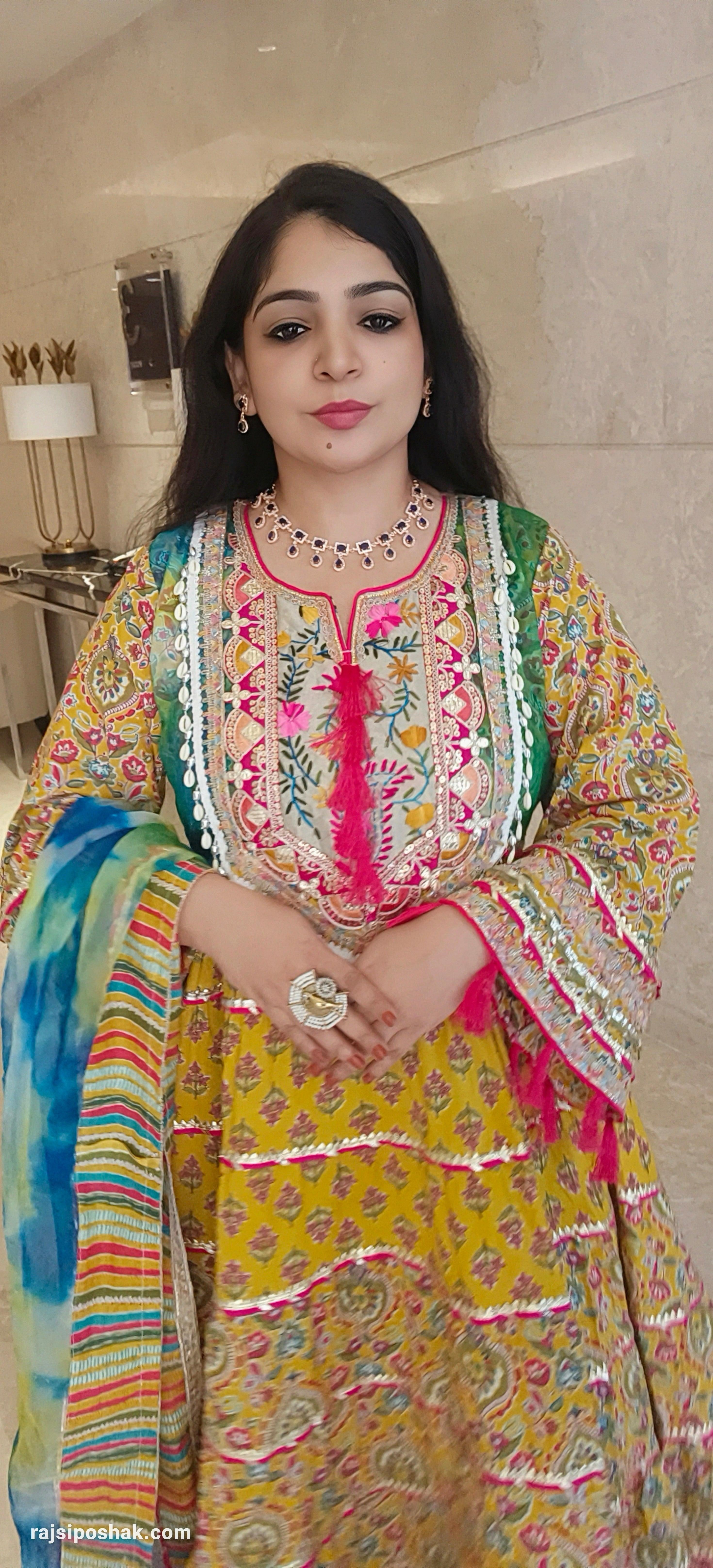 Yellow Cotton  Pakistani Styled Flared Anarkali with Dupatta - RajsiPoshak