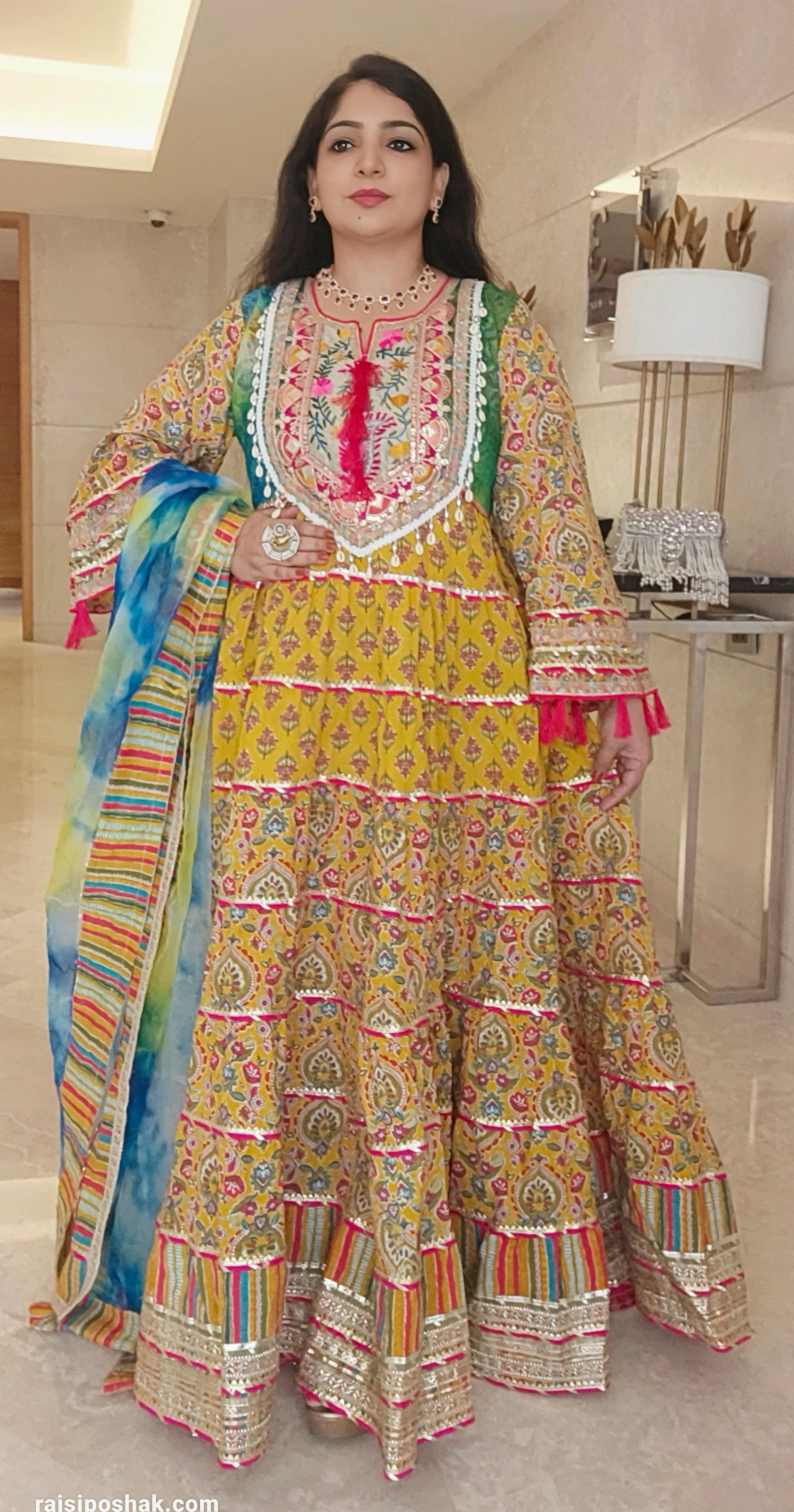 Yellow Cotton  Pakistani Styled Flared Anarkali with Dupatta - RajsiPoshak