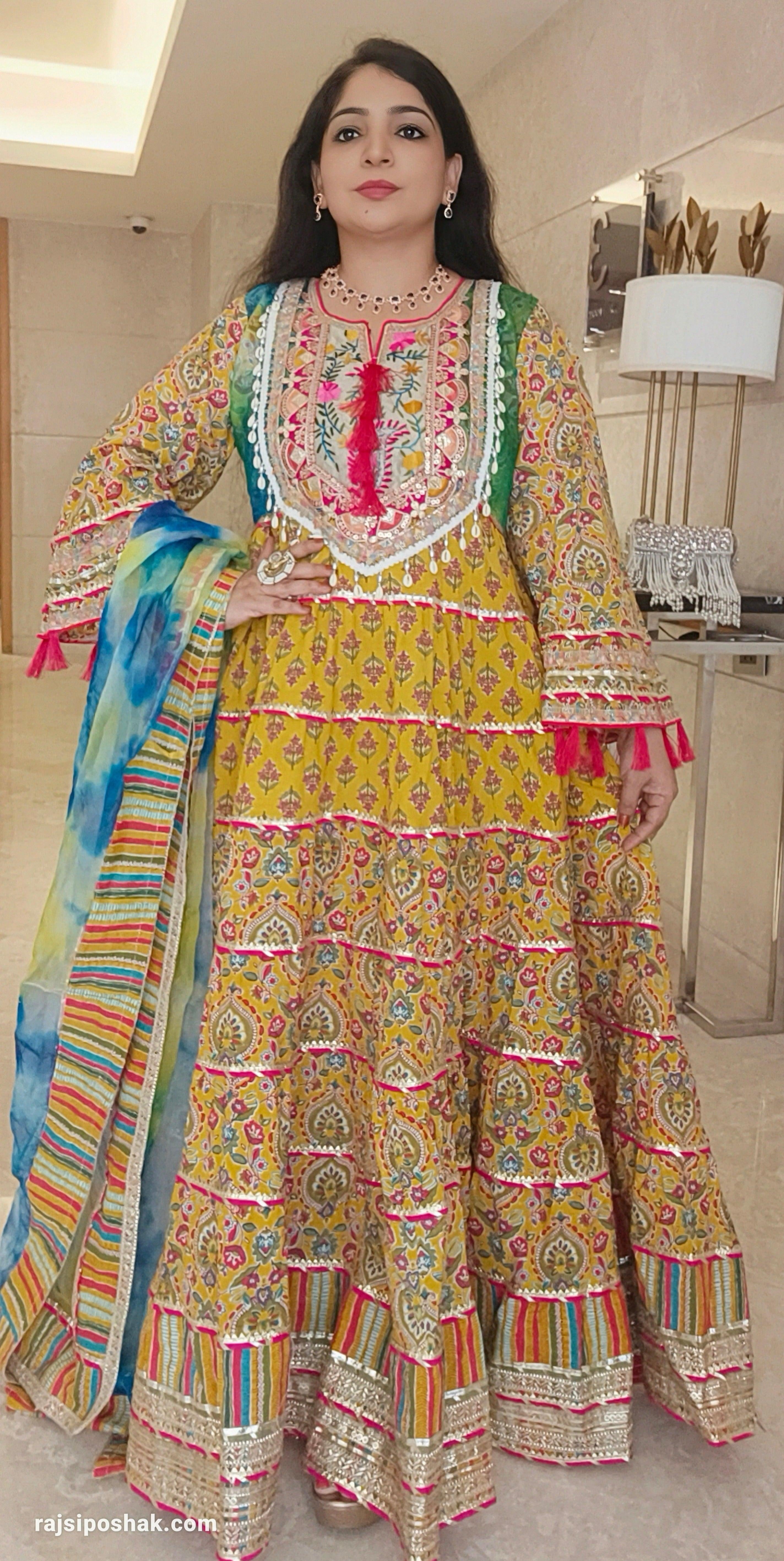 Yellow Cotton  Pakistani Styled Flared Anarkali with Dupatta - RajsiPoshak