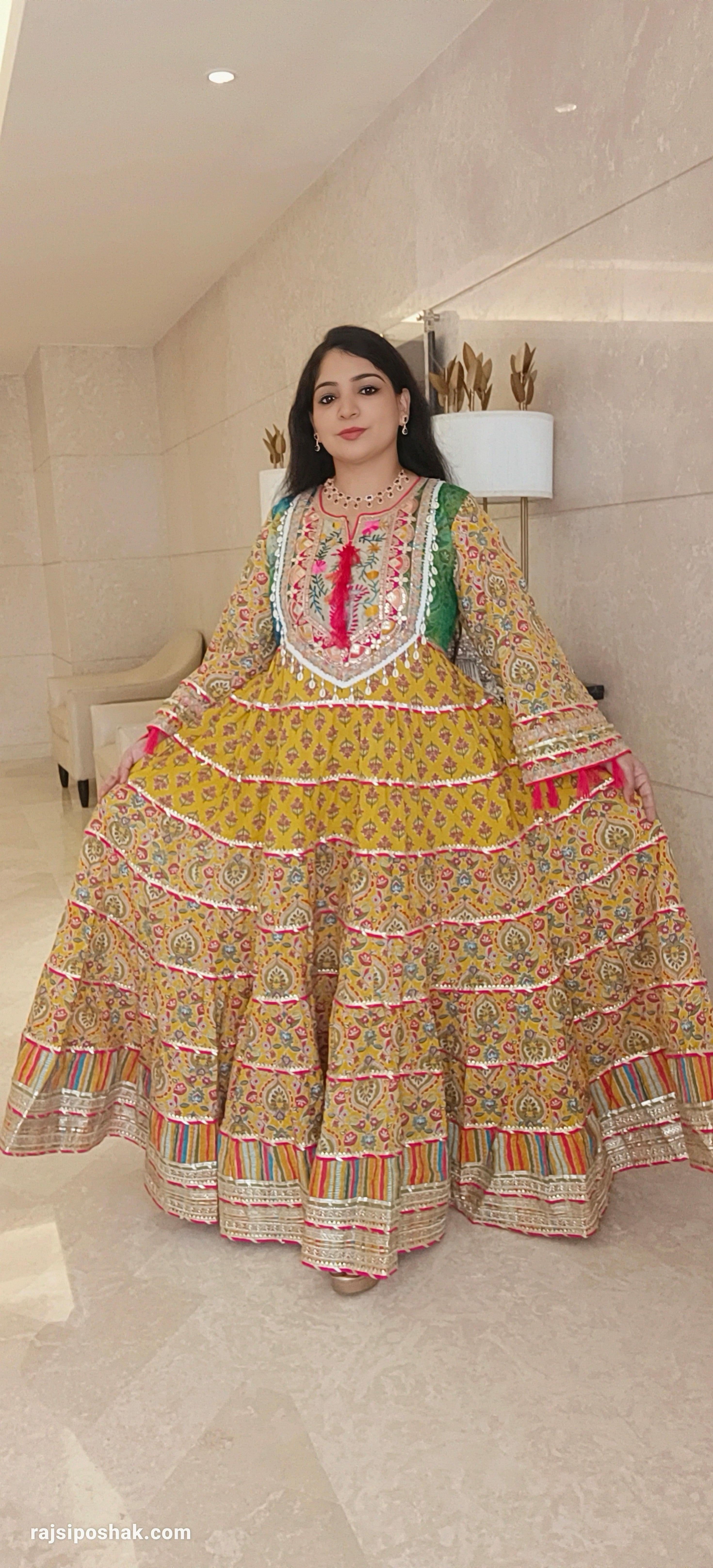 Yellow Cotton  Pakistani Styled Flared Anarkali with Dupatta - RajsiPoshak