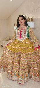 Yellow Cotton  Pakistani Styled Flared Anarkali with Dupatta - RajsiPoshak