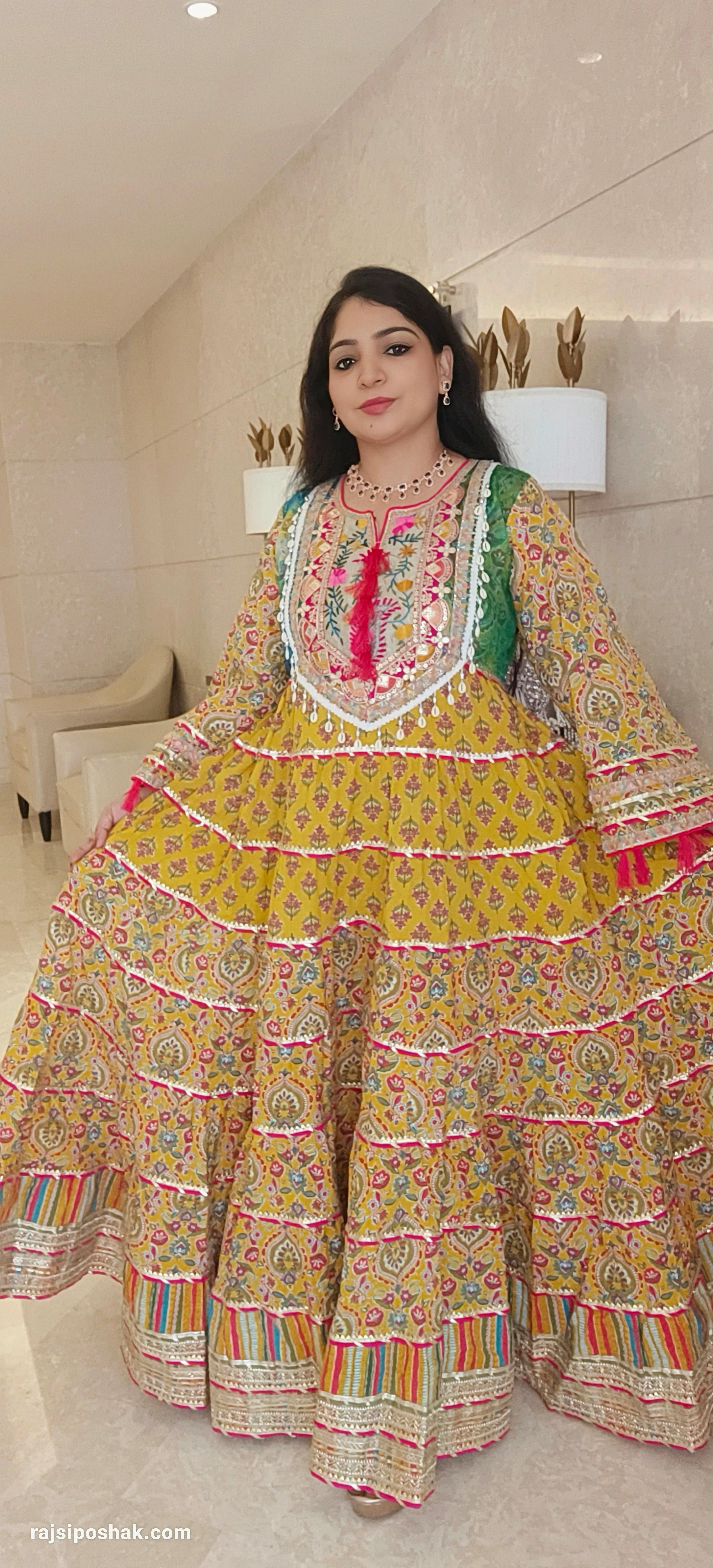 Yellow Cotton  Pakistani Styled Flared Anarkali with Dupatta - RajsiPoshak