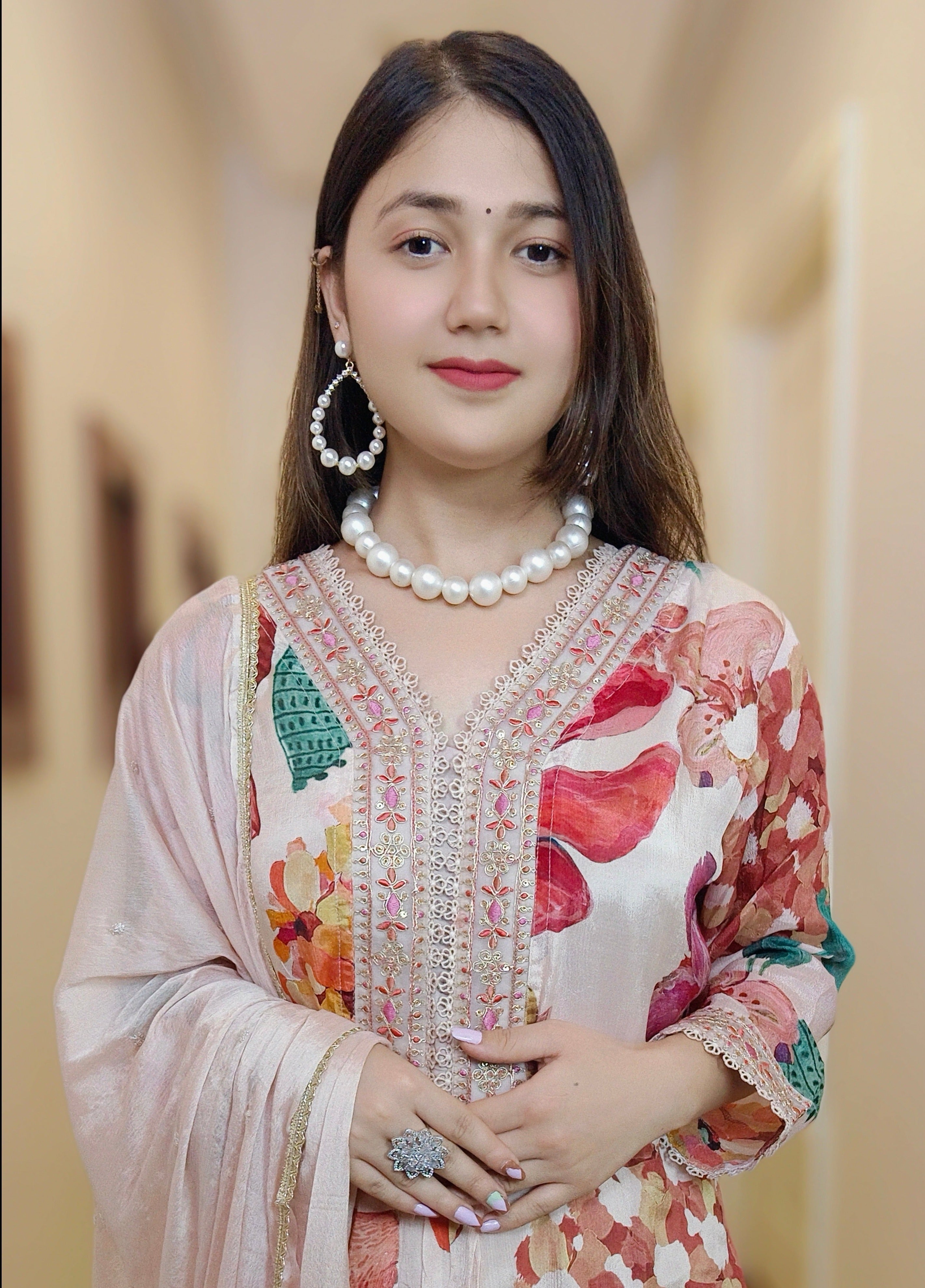 PEACH CHINON FLORAL SUIT SET - RajsiPoshak