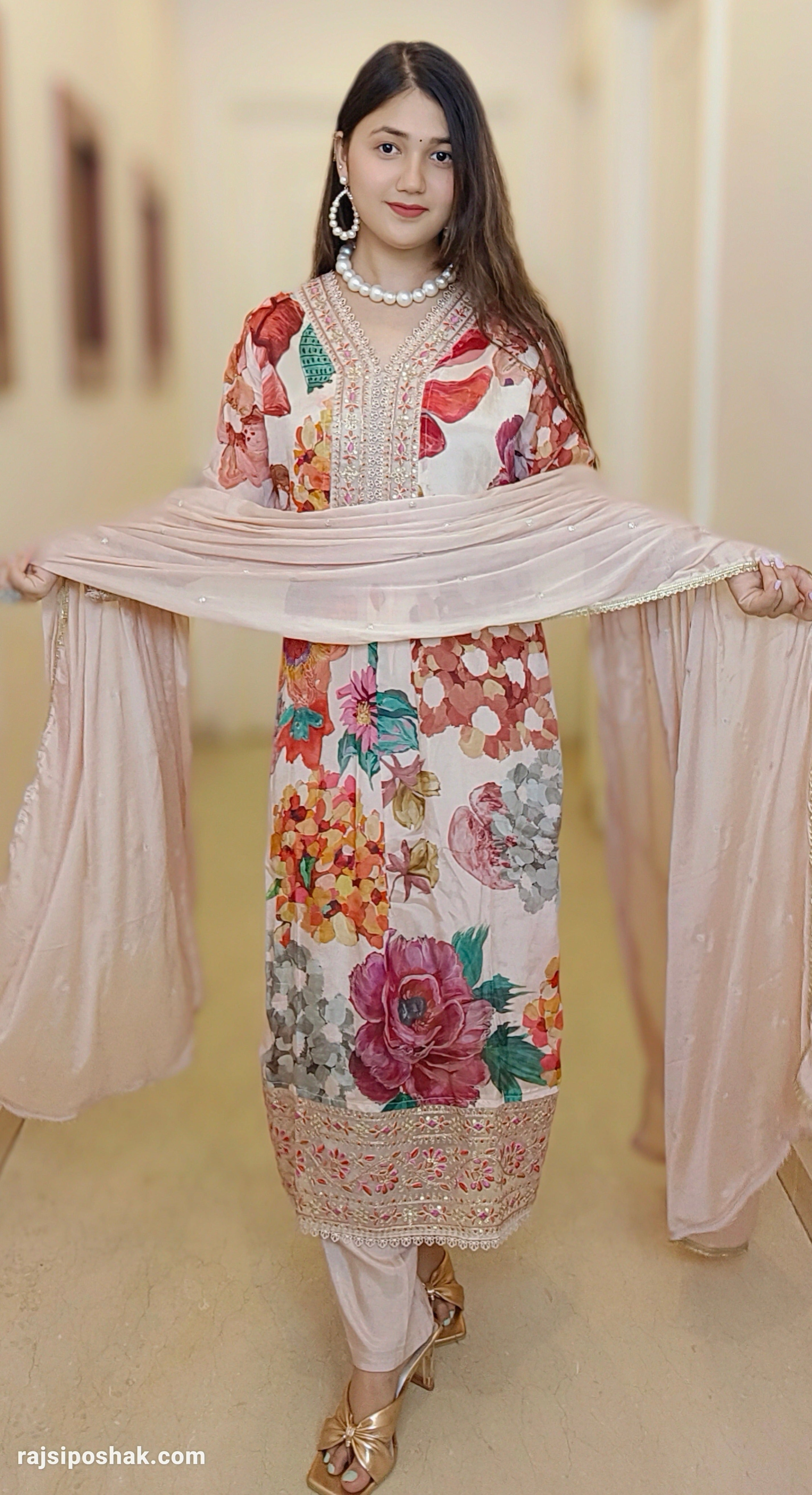 PEACH CHINON FLORAL SUIT SET - RajsiPoshak