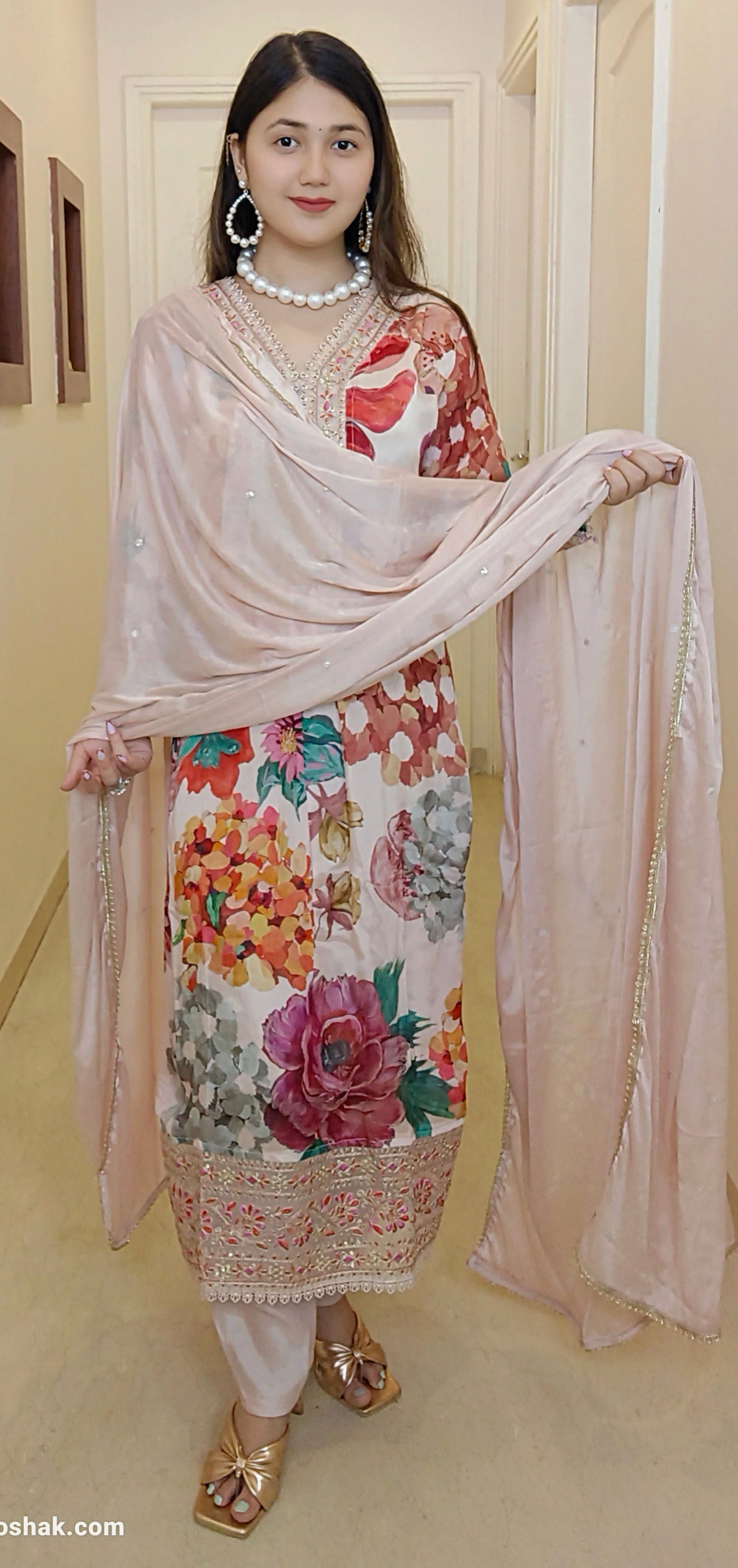 PEACH CHINON FLORAL SUIT SET - RajsiPoshak