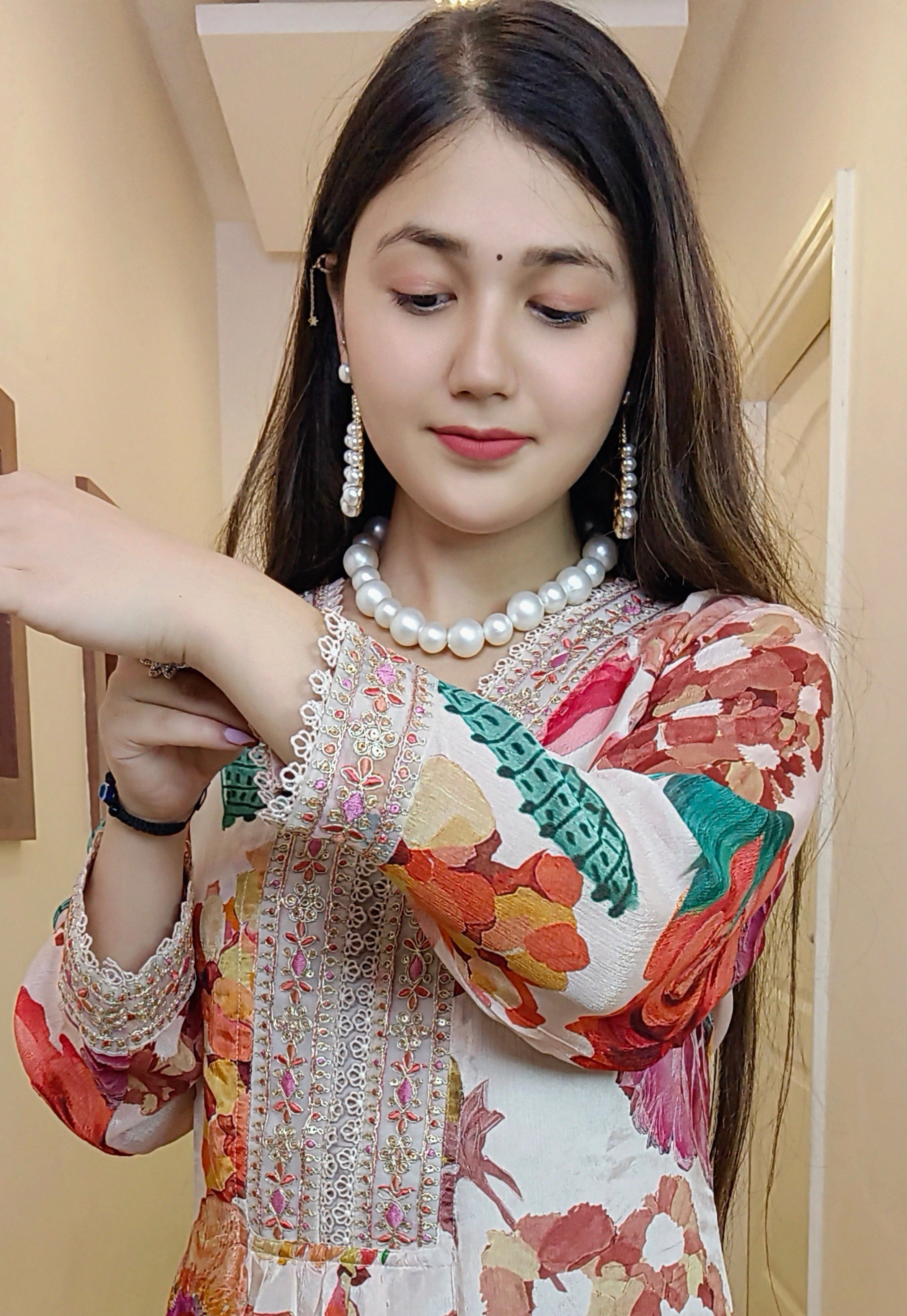 PEACH CHINON FLORAL SUIT SET - RajsiPoshak