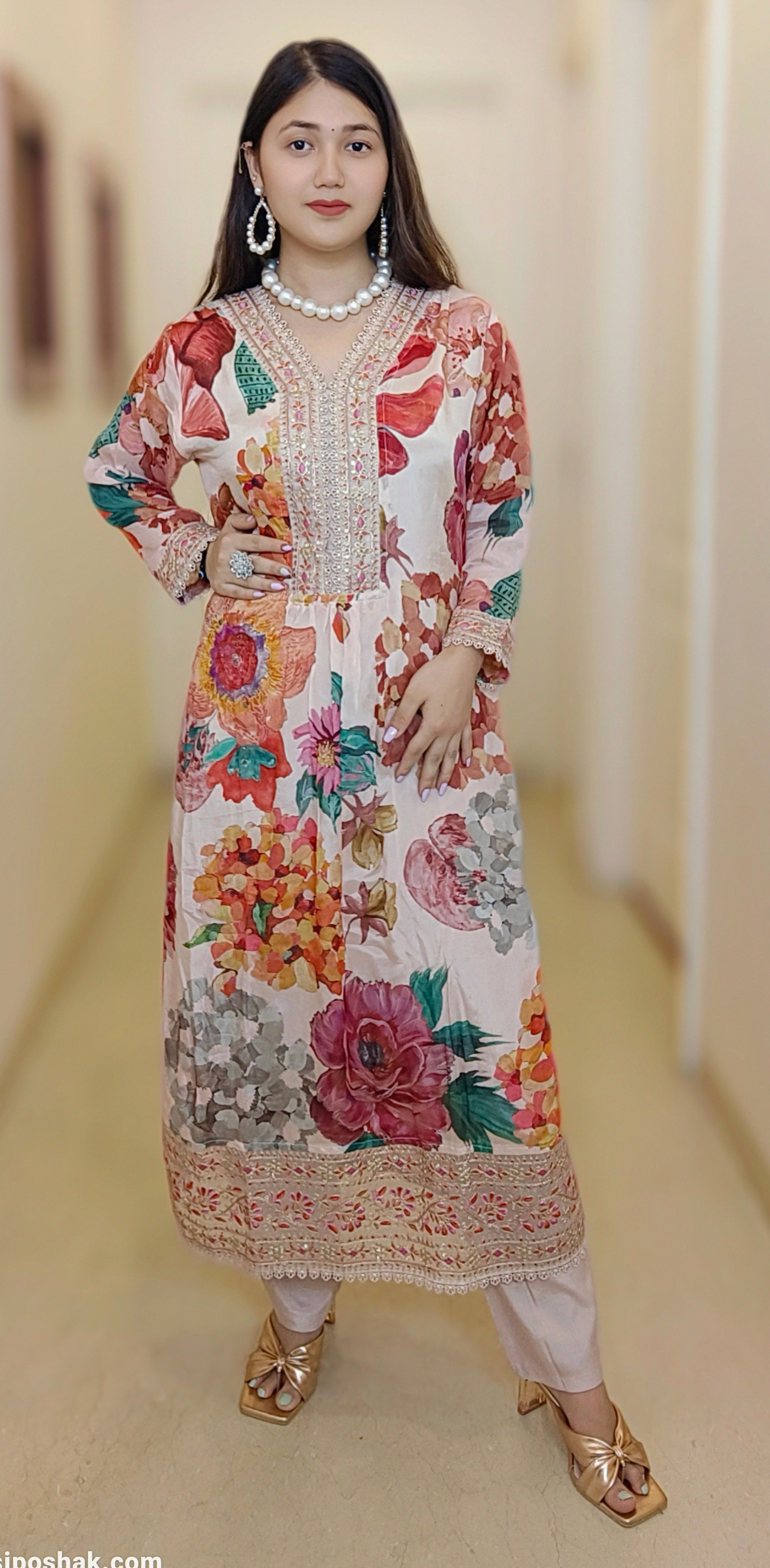 PEACH CHINON FLORAL SUIT SET - RajsiPoshak
