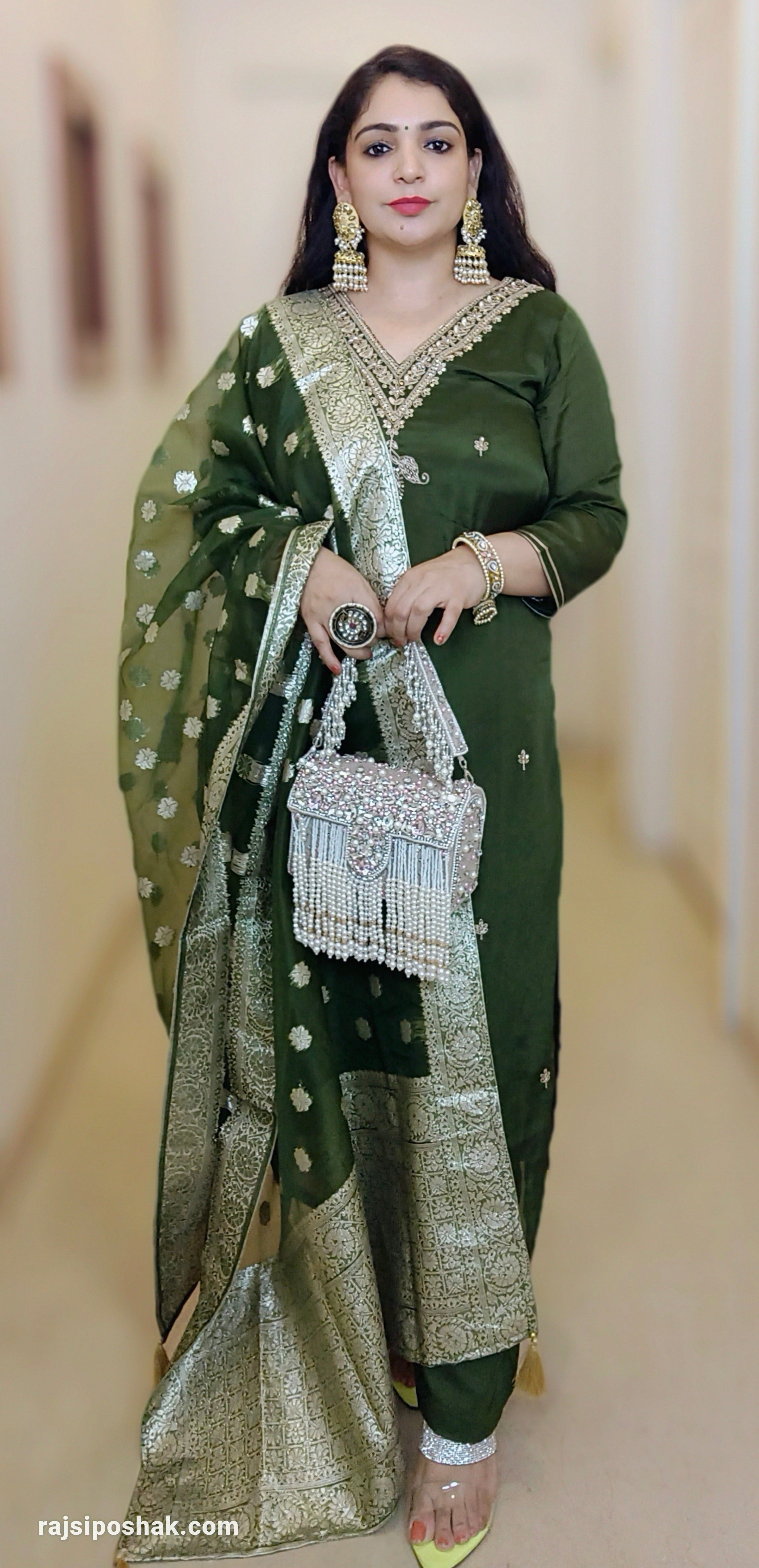 GREEN CHINON SUIT SET WITH HEAVY DUPATTA - RajsiPoshak