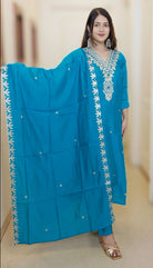 FIROZI BLUE HAND EMBROIDERED SILK SUIT WITH COTTON LINING - RajsiPoshak