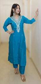 FIROZI BLUE HAND EMBROIDERED SILK SUIT WITH COTTON LINING - RajsiPoshak