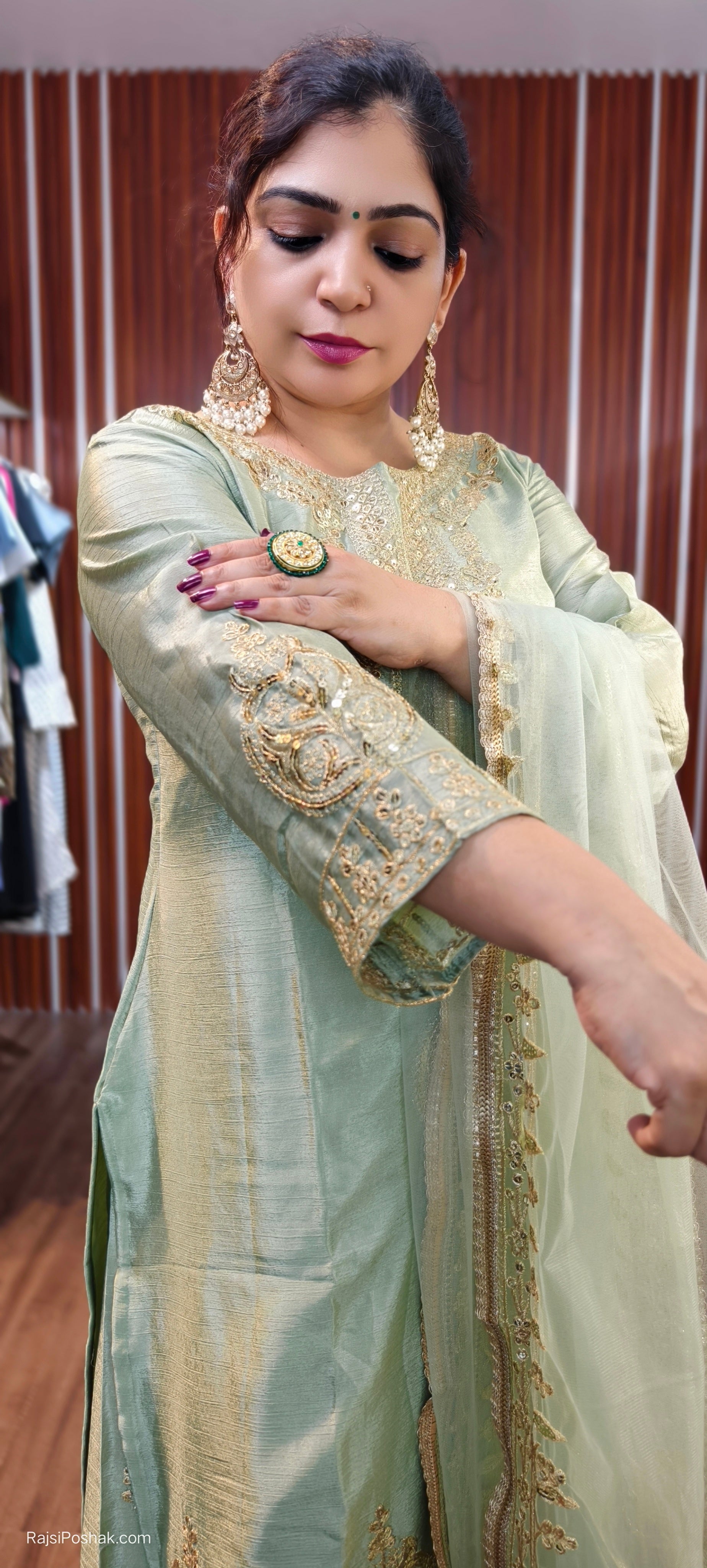 PASTEL GREEN COLOR PARTY WEAR SUIT WITH SHARARA IN CHINON FABRIC