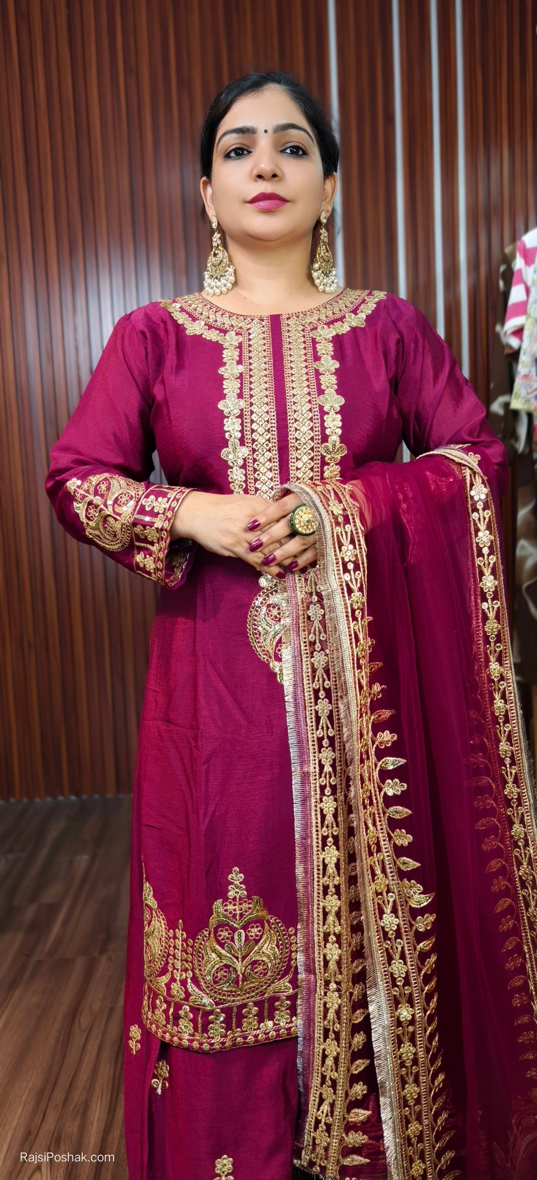 WINE COLOR PREMIUM PARTY WEAR SUIT WITH SHARARA IN CHINON FABRIC