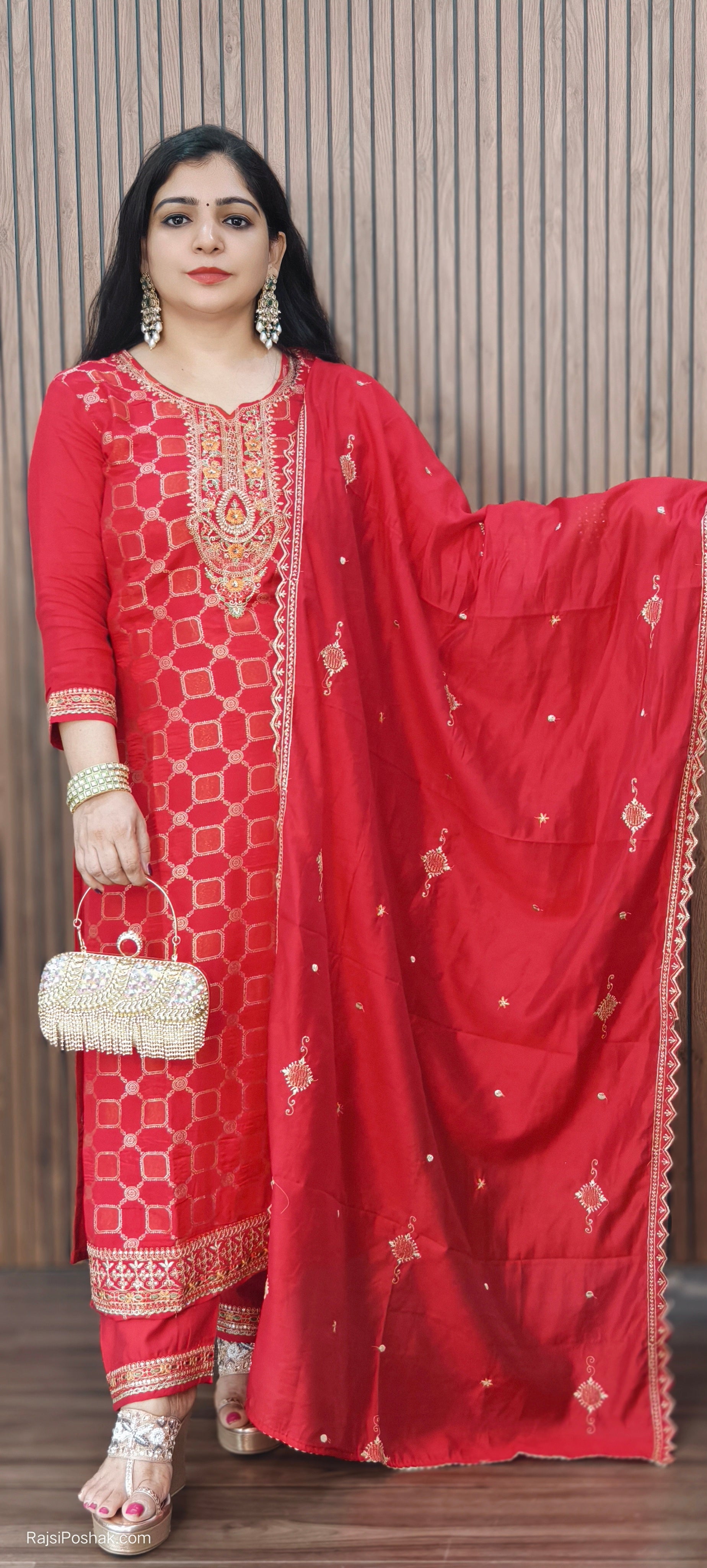 RED PREMIUM SILK 3 PC STRAIGHT SUIT WITH  SILK DUPATTA