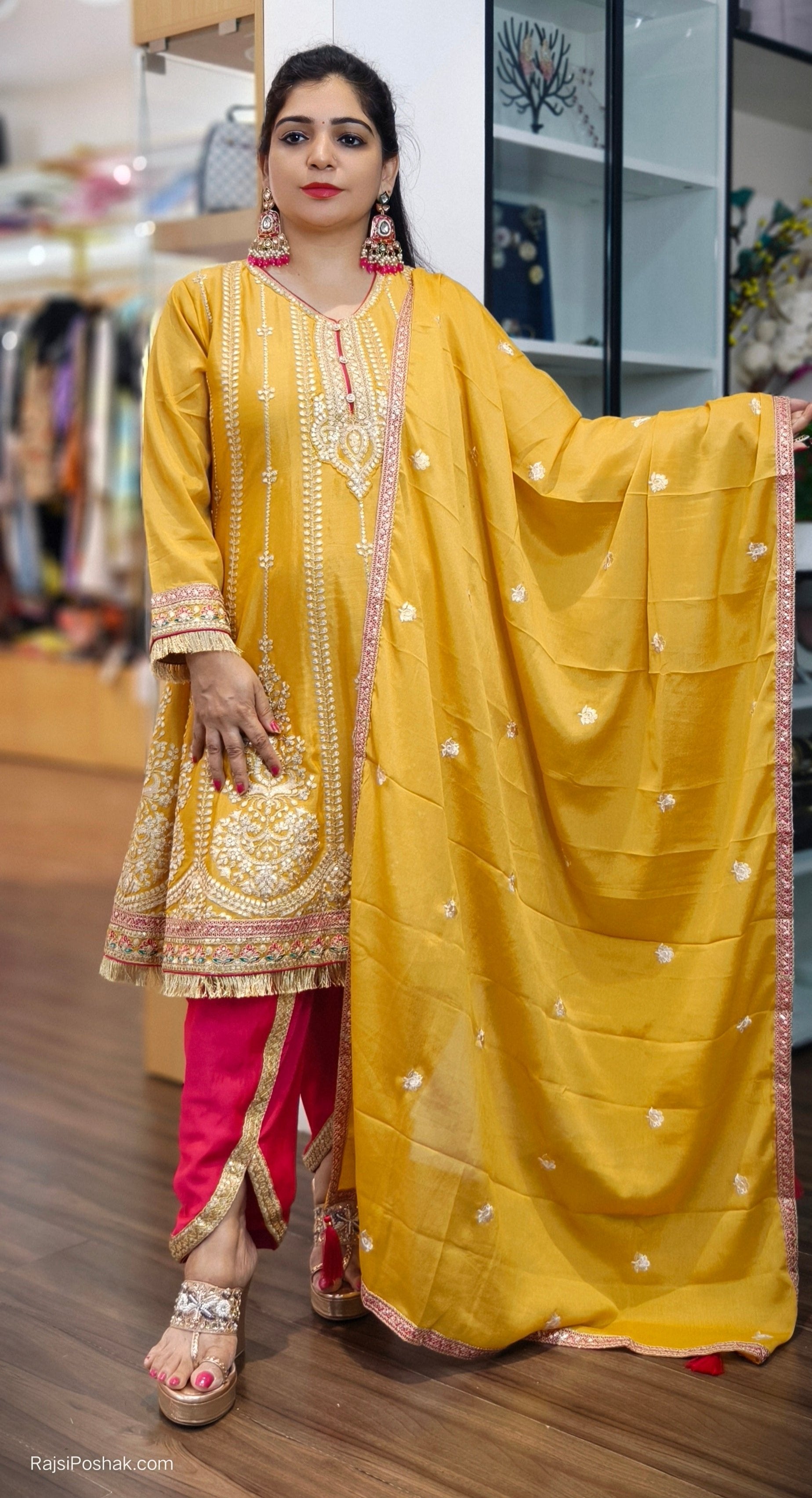 YELLOW PINK CHINON PREMIUM PARTY WEAR SUIT WITH TULIP PANTS & CHINON DUPATTA