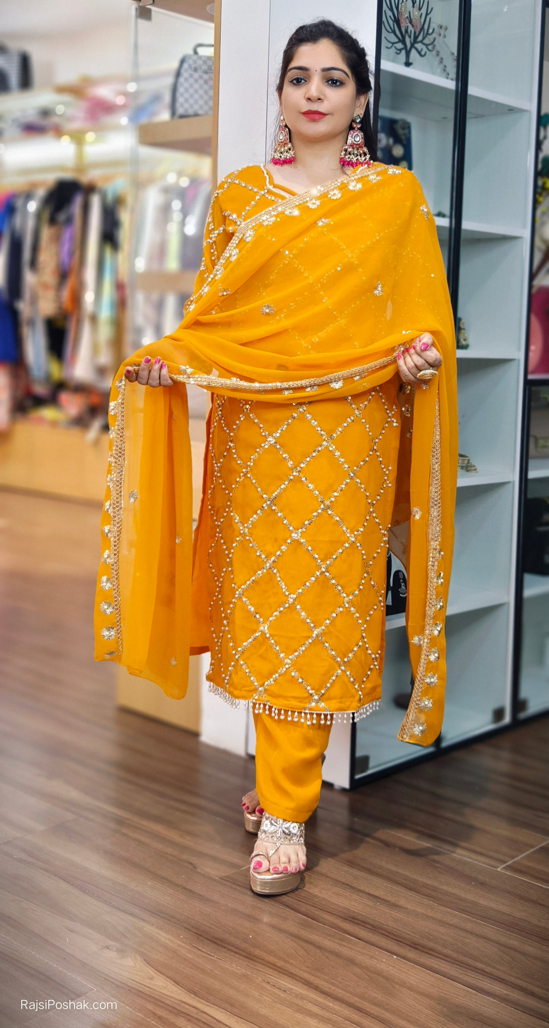 PREMIUM ORANGE PURE GEORGETTE SUIT WITH HEAVY DUPATTA AND FULL LINING