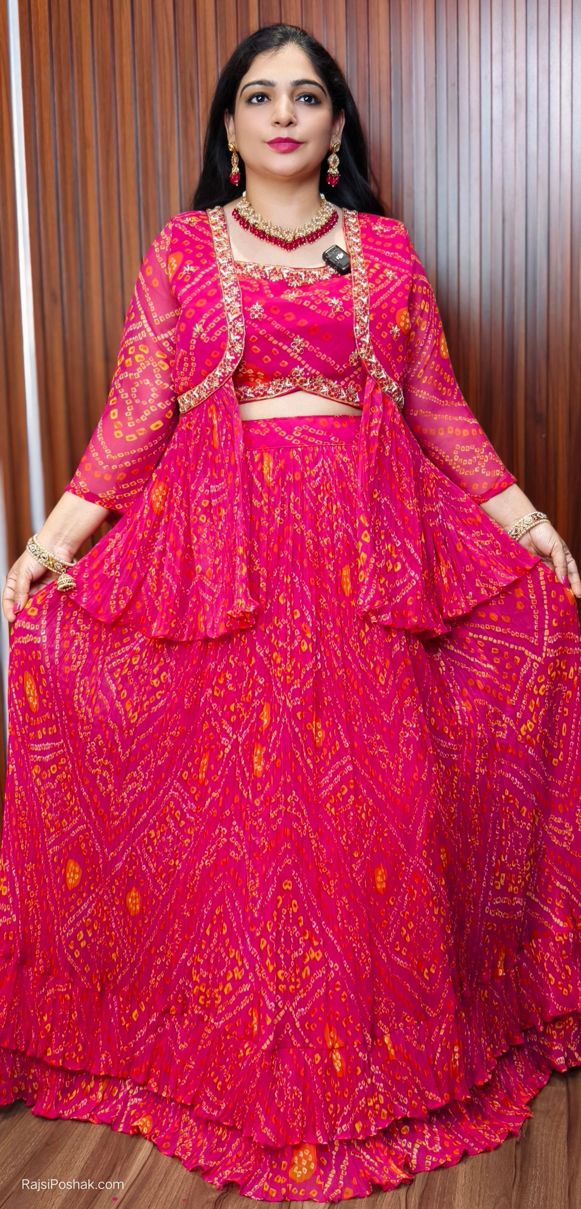 PINK  INDO WESTERN DRESS BANDHANI PRINTED GEORGETTE FABRIC