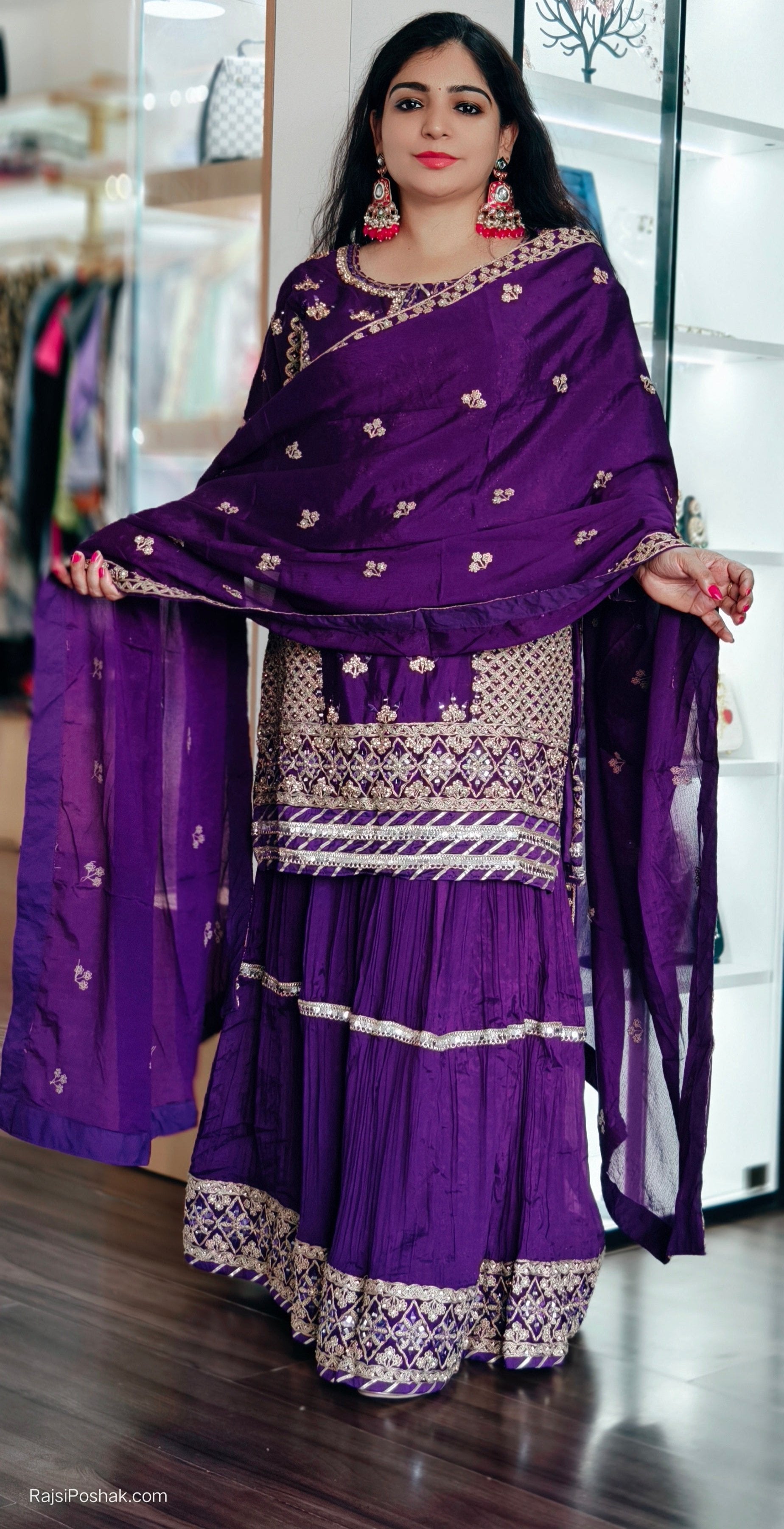 PURPLE PARTY WEAR PREMIUM CHINON WITH SHARARA AND PREMIUM DUPATTA