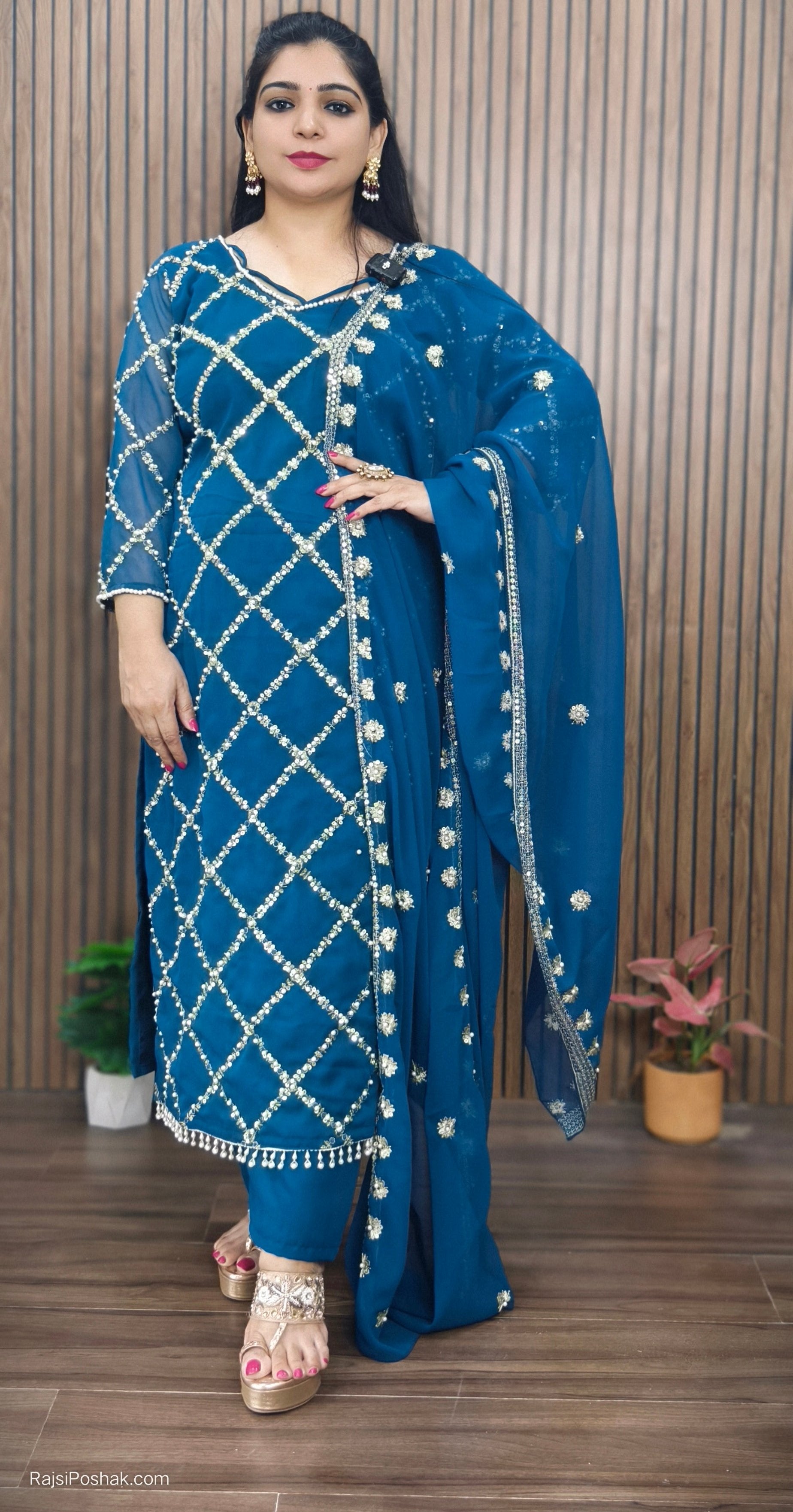 PREMIUM  BLUE PURE GEORGETTE SUIT WITH HEAVY DUPATTA AND FULL LINING