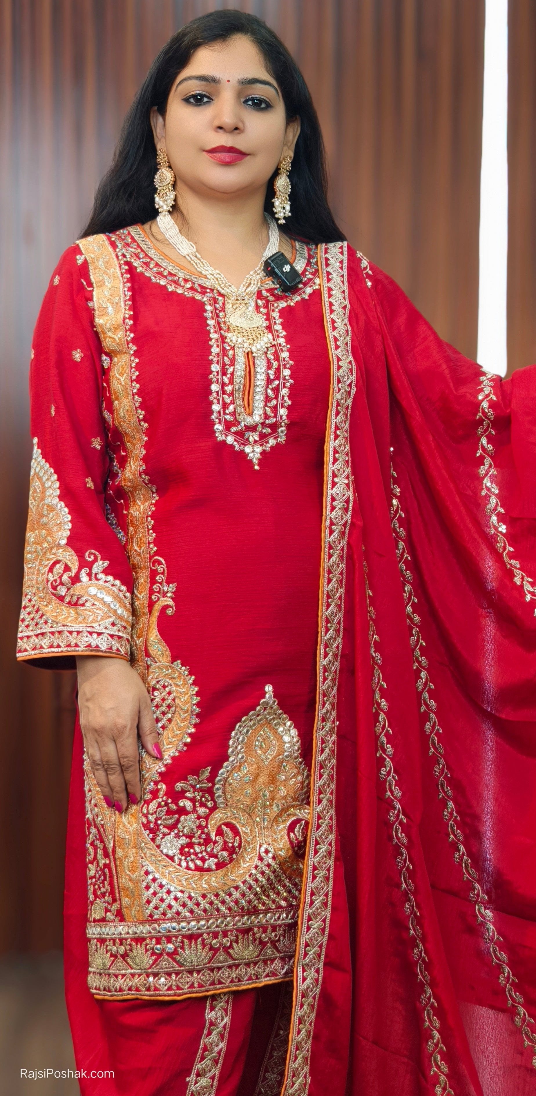RED CHINON PREMIUM PARTY WEAR SUIT WITH TULIP PANTS & CHINON DUPATTA
