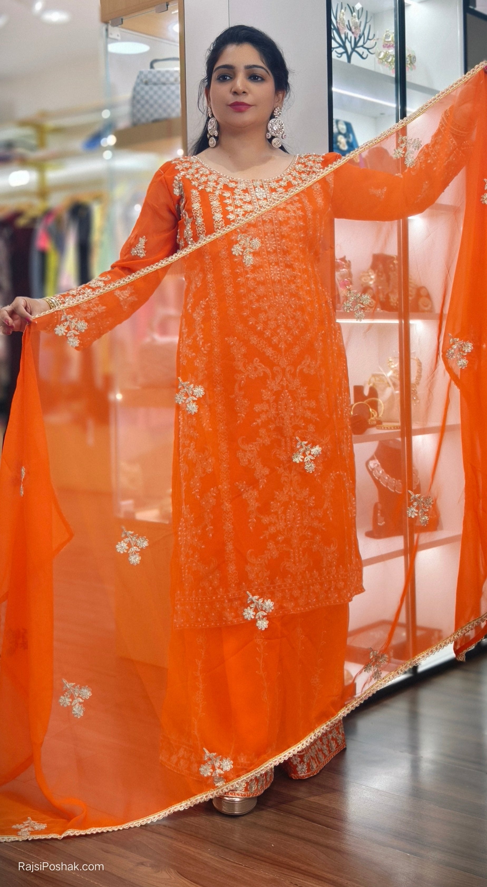 PREMIUM ORANGE  PURE GEORGETTE ZARI AND PEARL WORK  SUIT WITH DUPATTA AND FULL LINING