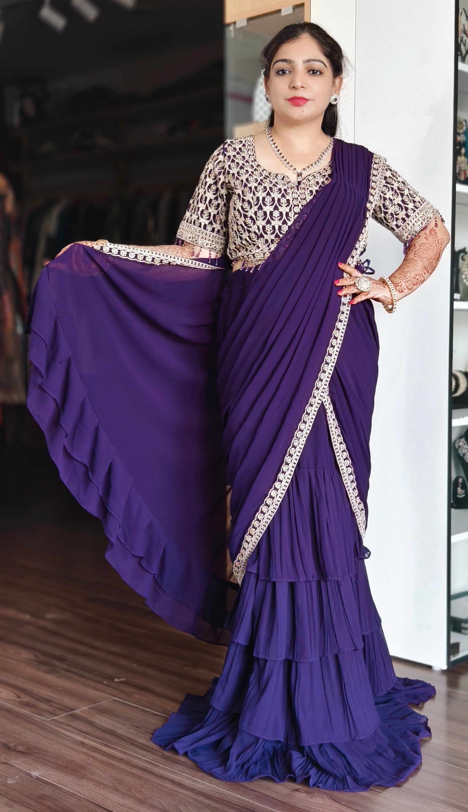 PURPLE DRAPE SAREE READY TO WEAR