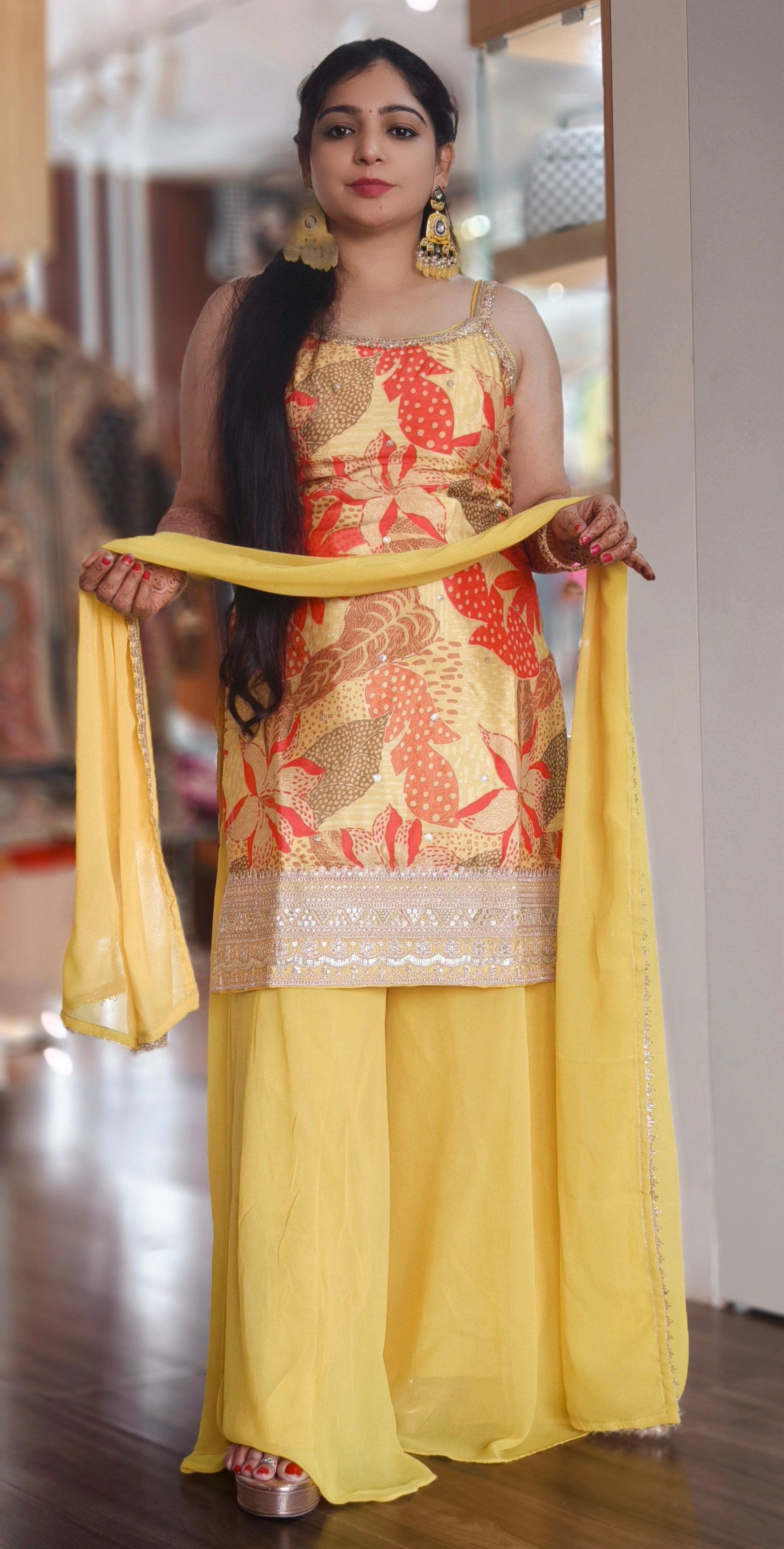 PARTY WEAR YELLOW SHARARA SHORT KURTI SET WITH DUPATTA