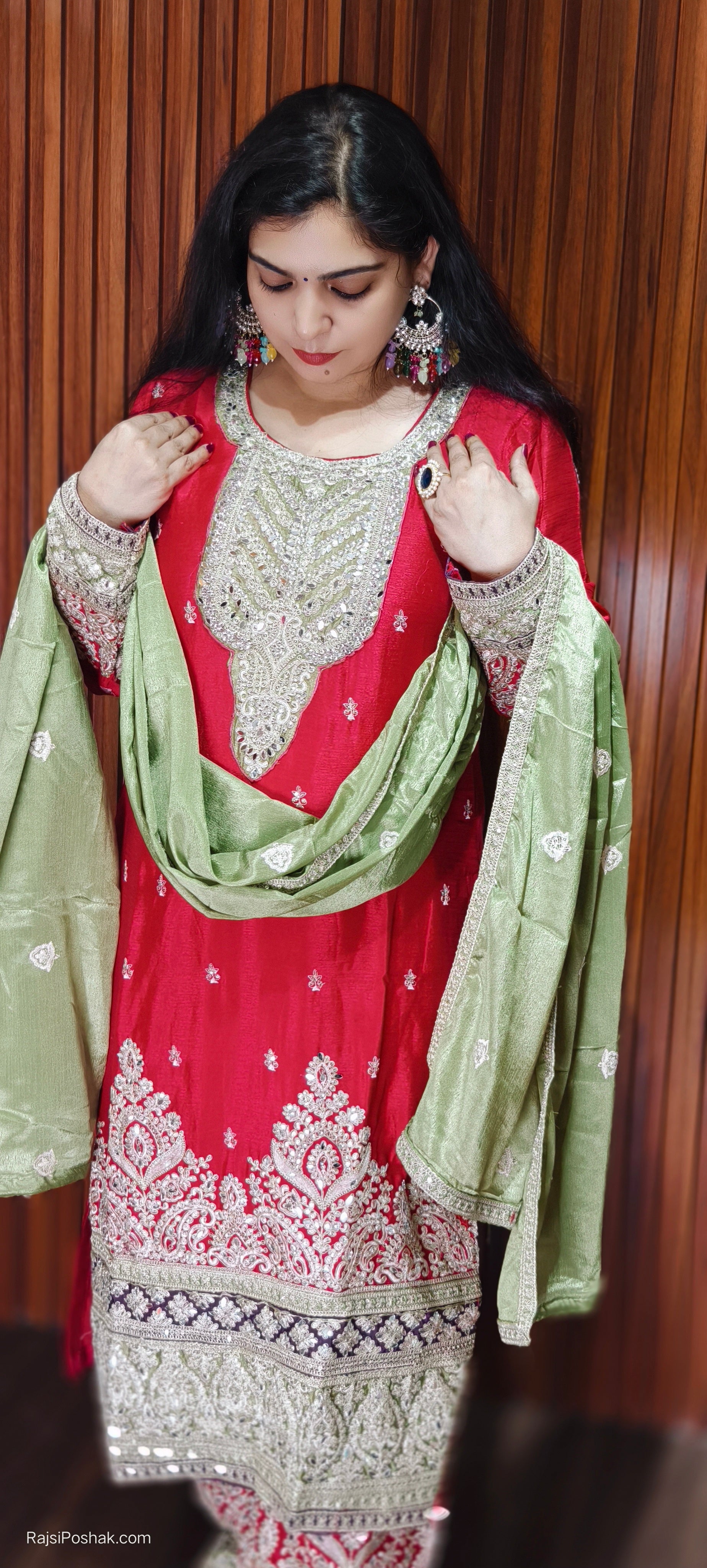 RED  CHINON WITH SHARARA SUIT AND LIGHT GREEN  DUPATTA