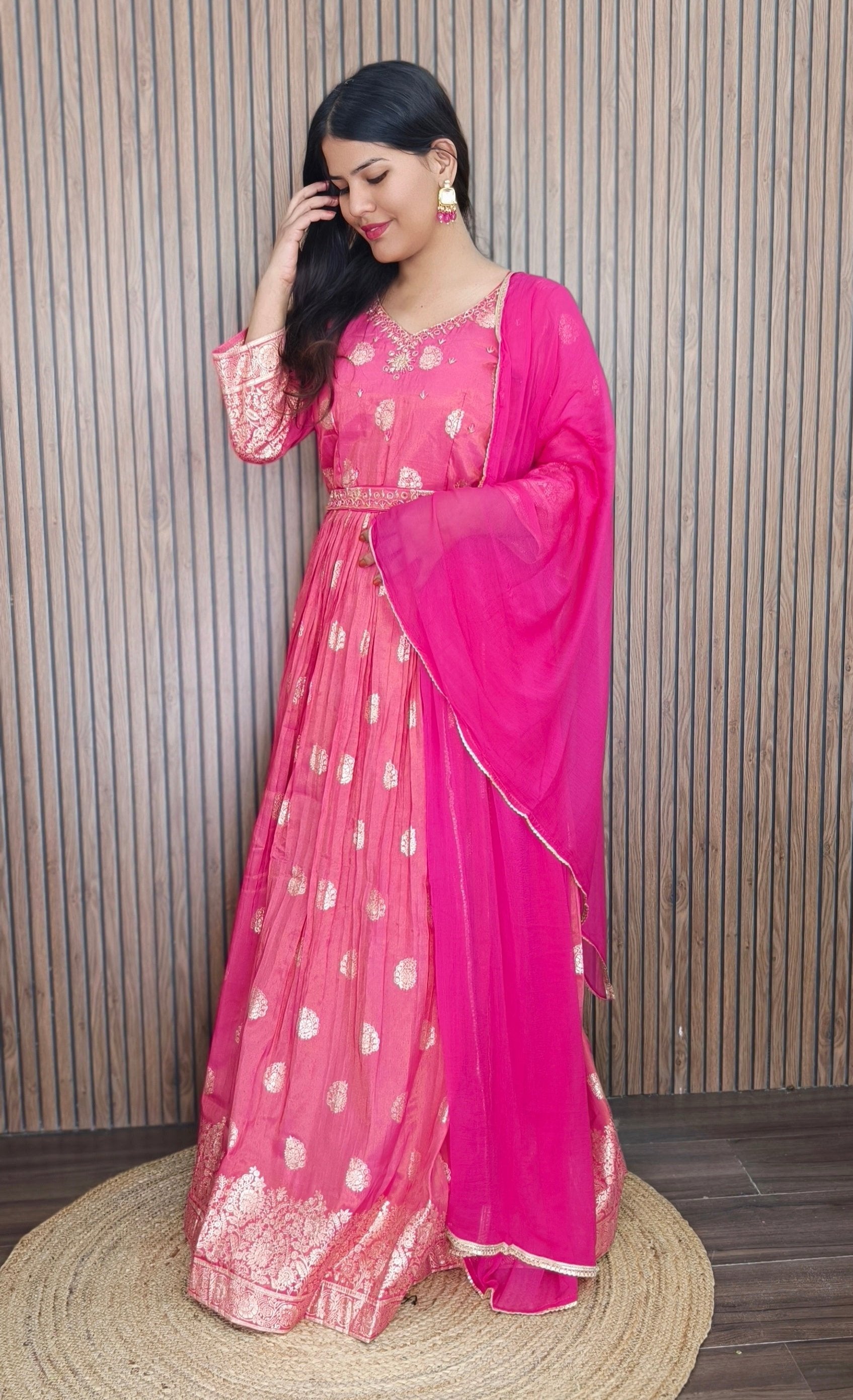 LIGHT PINK TISSUE ANARKALI WITH BEAUTIFUL DUPATTA