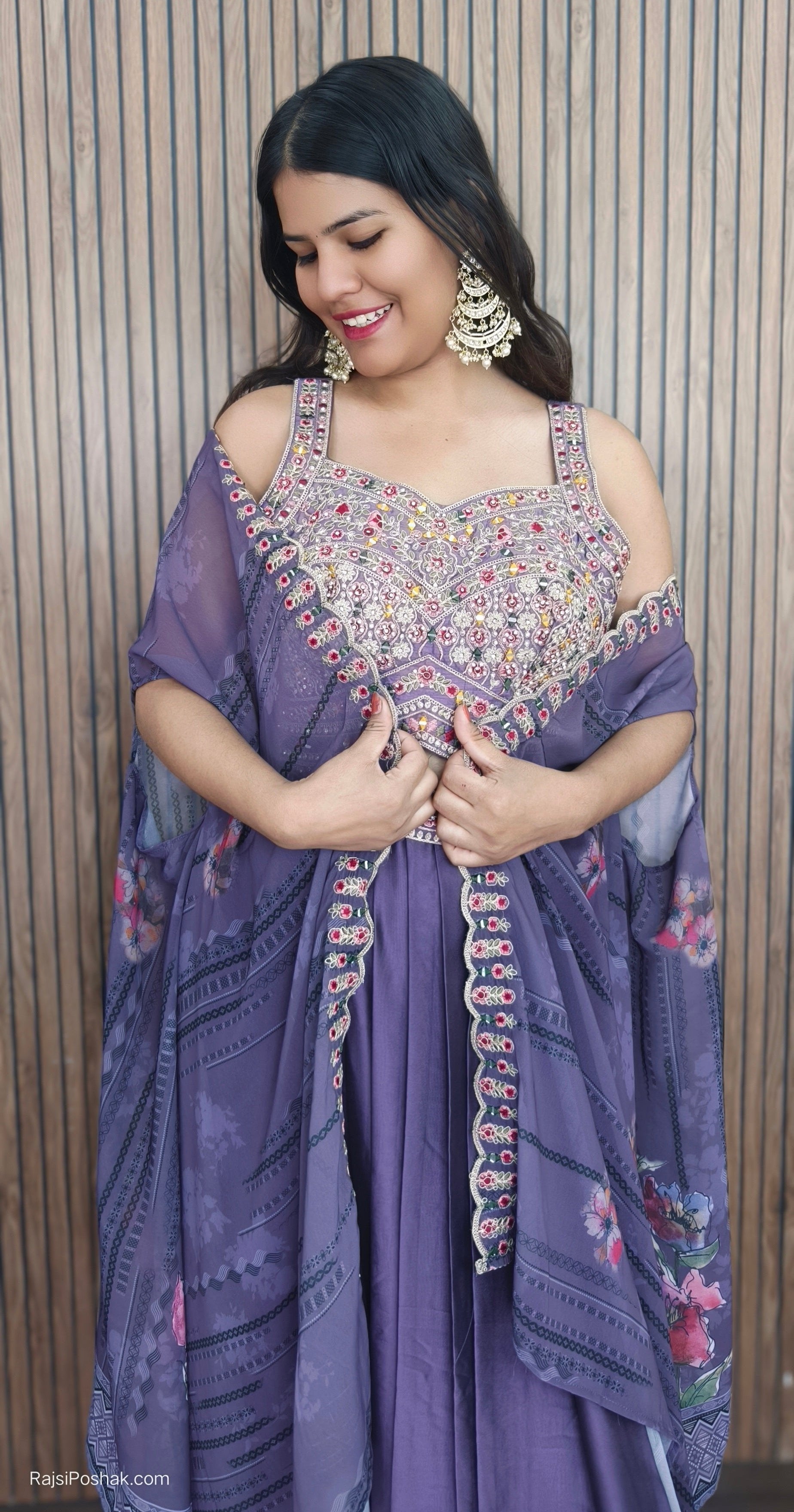 LIGHT PURPLE FLORAL CREPE CAPE LEHENGA