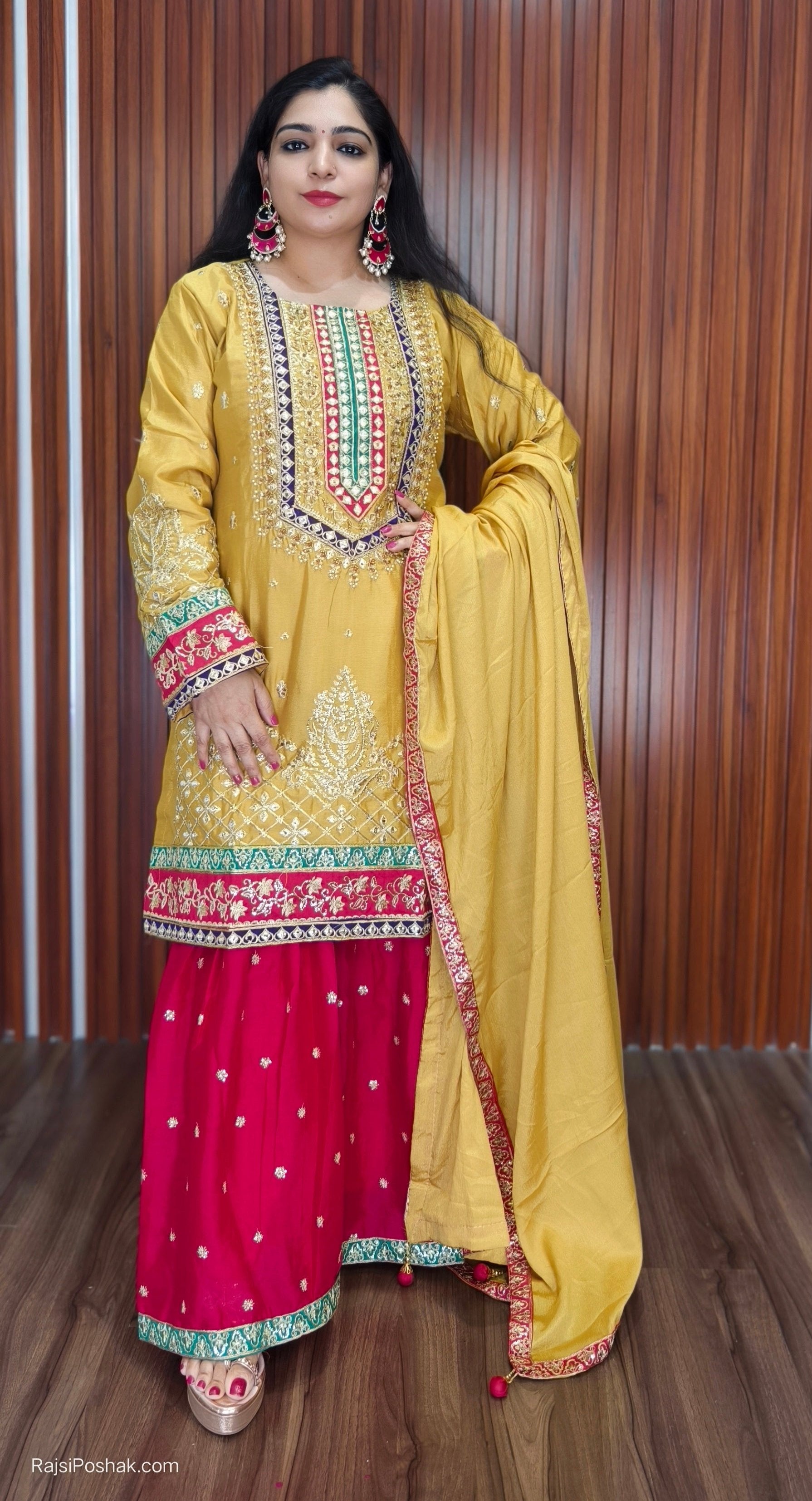 YELLOW CHINON ELEGANT 3 PC PARTY WEAR SUIT WITH GARARA